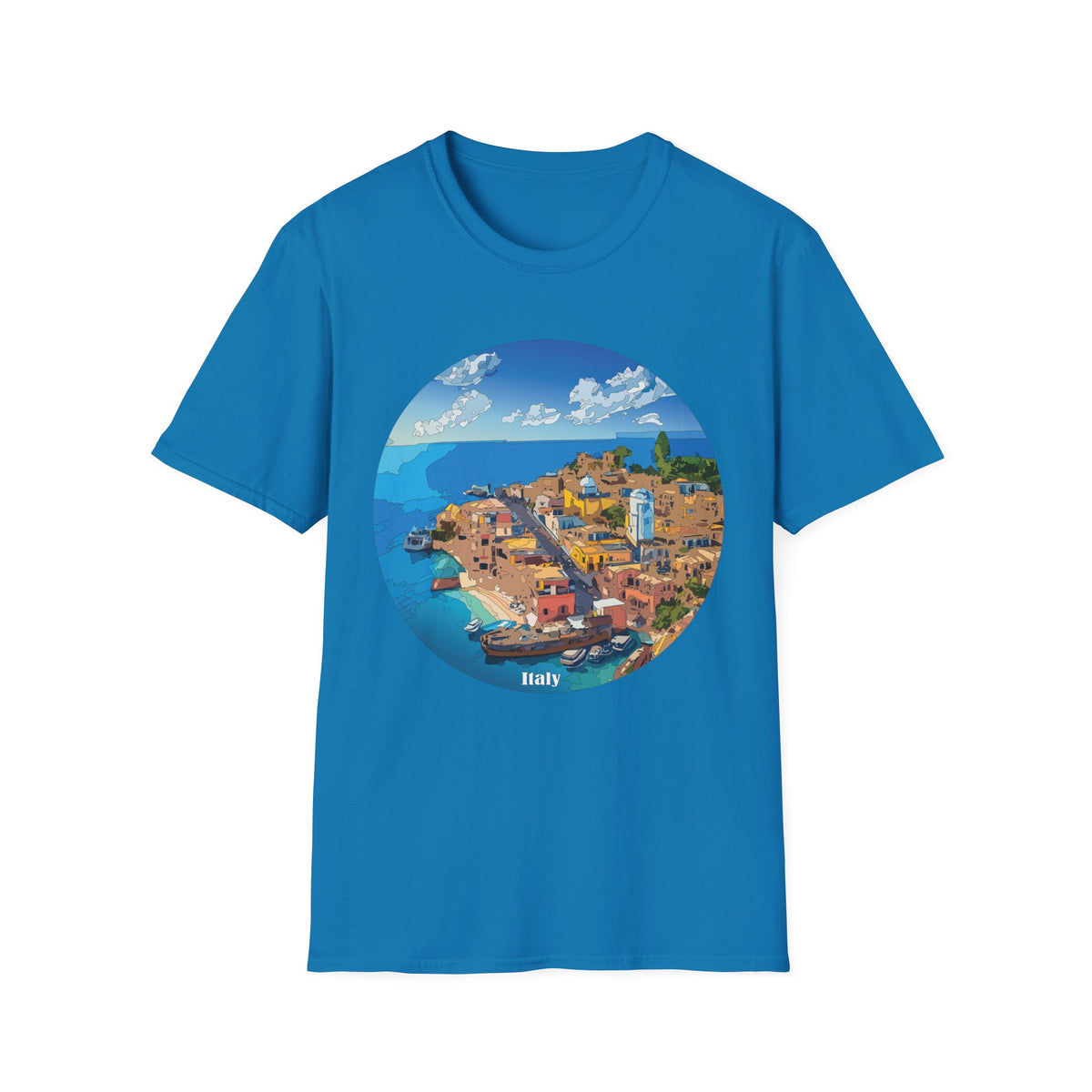 Italy Mediterranean Coastal Village Illustration T-Shirt | Seaside Landscape Tee