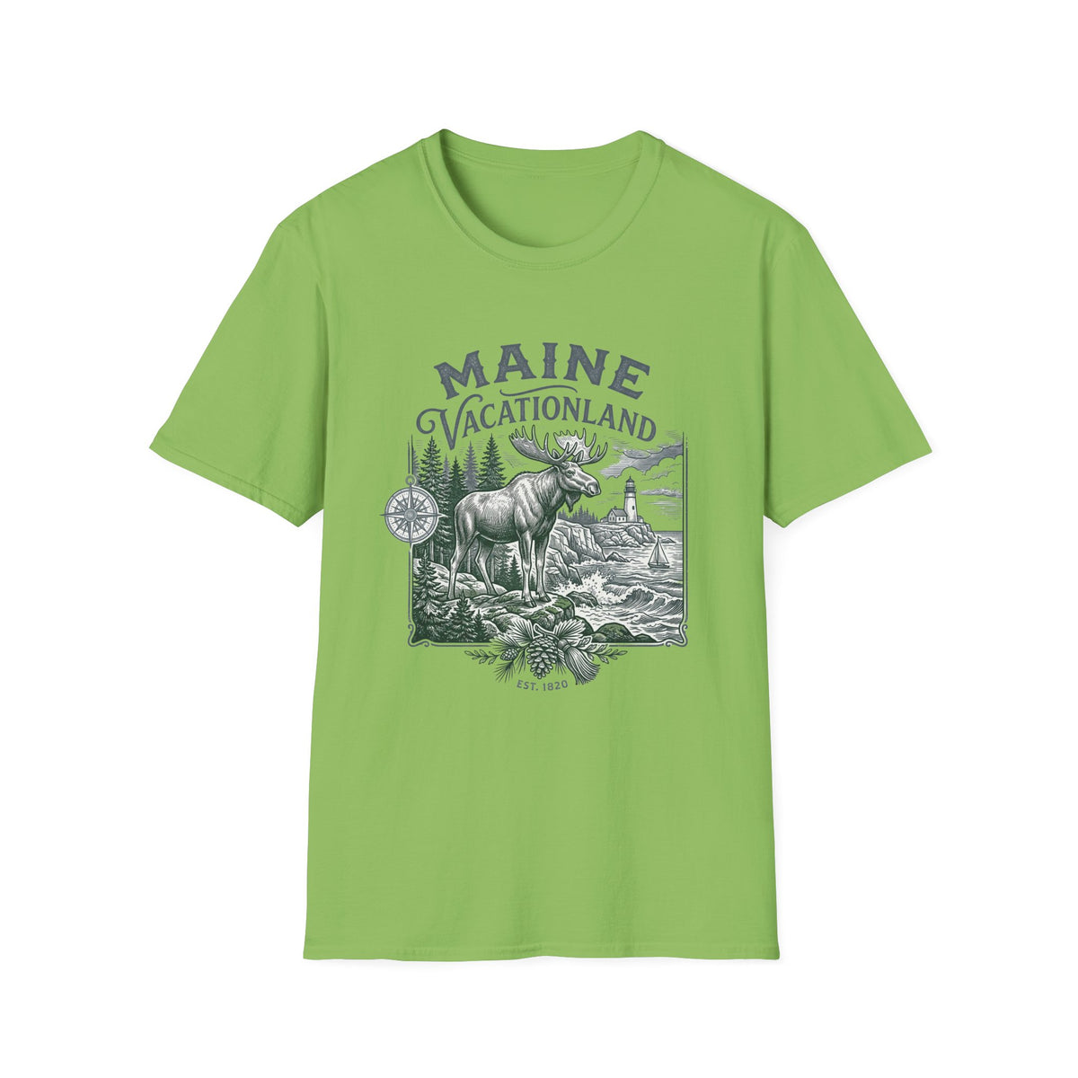 Maine Vacationland T-Shirt – Vintage Moose, Lighthouse State Travel Travel Tourist Graphic Design Unisex 100 Cotton Gildan T-Shirt
