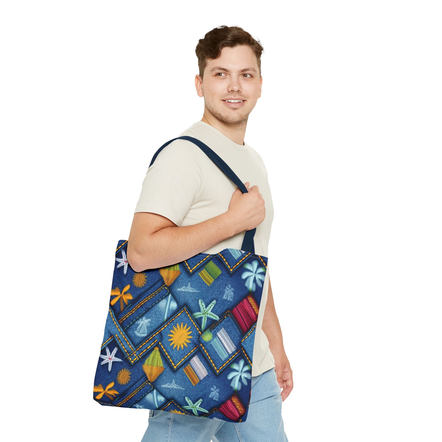Denim Fabric Imitation Print Unisex Canvas Bag Poly Spun 3 Sizes Tote Bag 182-2