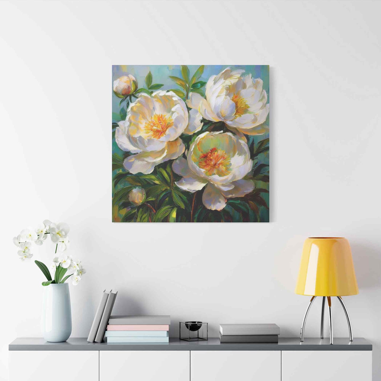 White Peonies Print Canvas, Floral Oil Paint Print 20x20, 24x24, 30x30, 32x32, 36x36 Art Design Pine-Wood Inner Frame MC-117