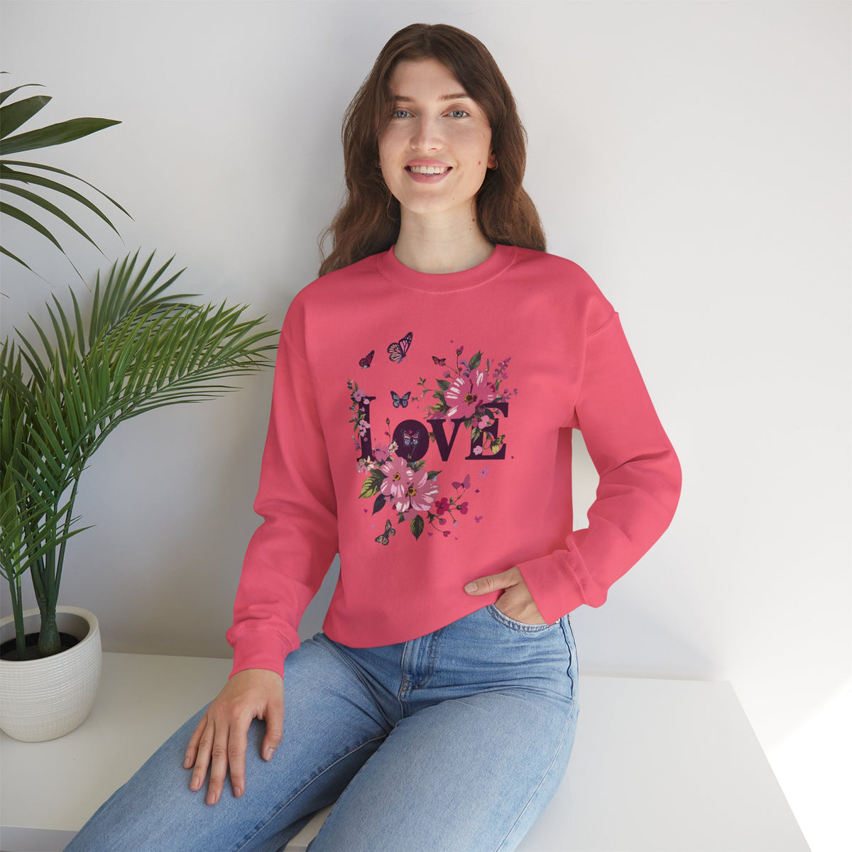 Unisex Floral Love Sweatshirt, Love Floral Sweatshirt, Floral Butterfly Sweatshirt, 50/50 Cotton-Poly Valentine's Day Sweatshirt 05