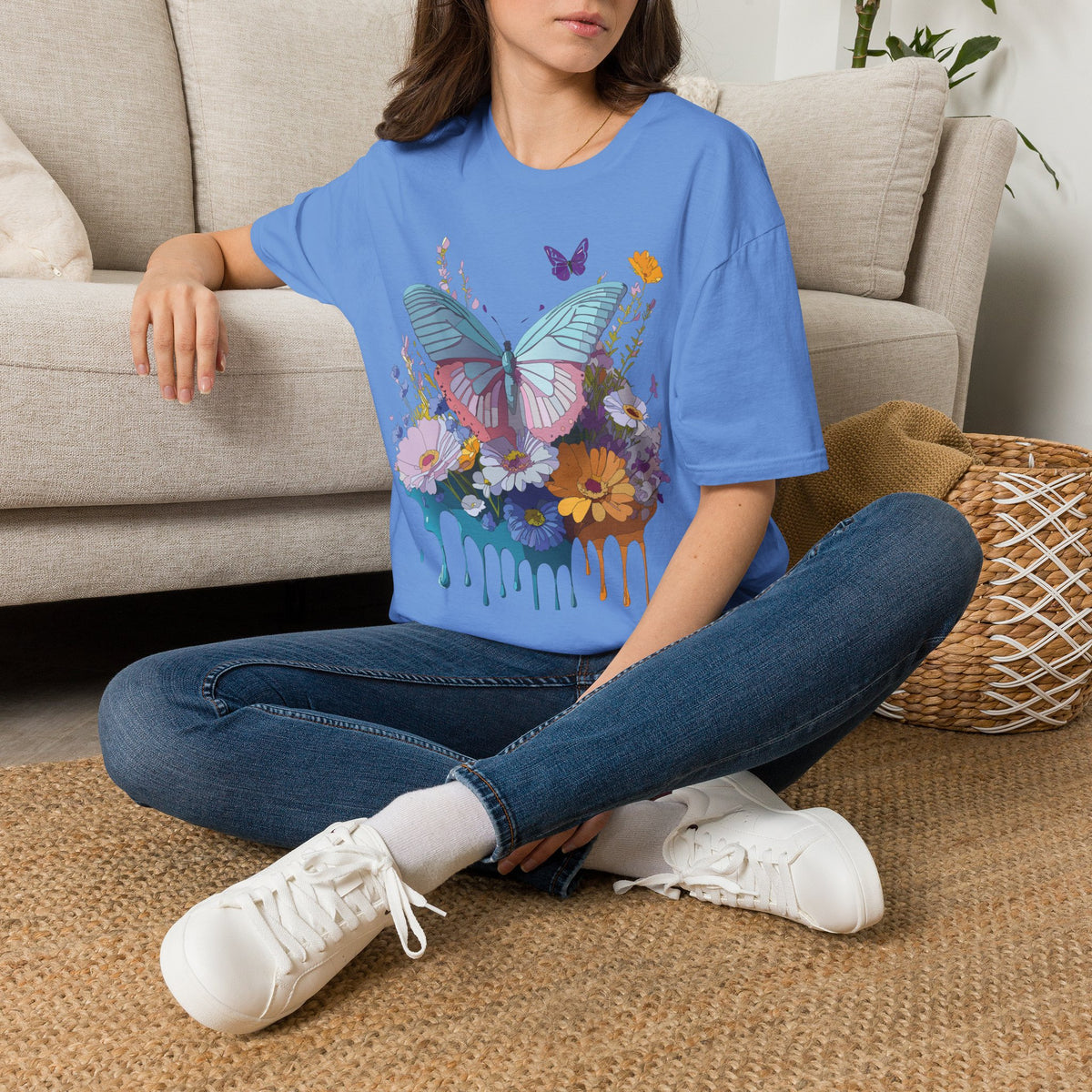 Butterfly Floral T-Shirt – Colorful Nature Garden Graphic Design Unisex 100 Cotton Gildan T-Shirt