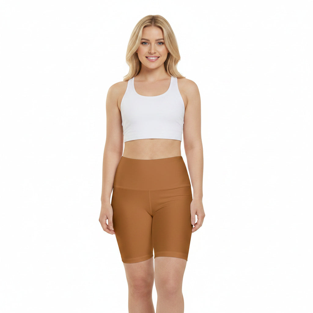 Copper High-Waist Workout Shorts — Women's Solid Activewear Biker Shorts