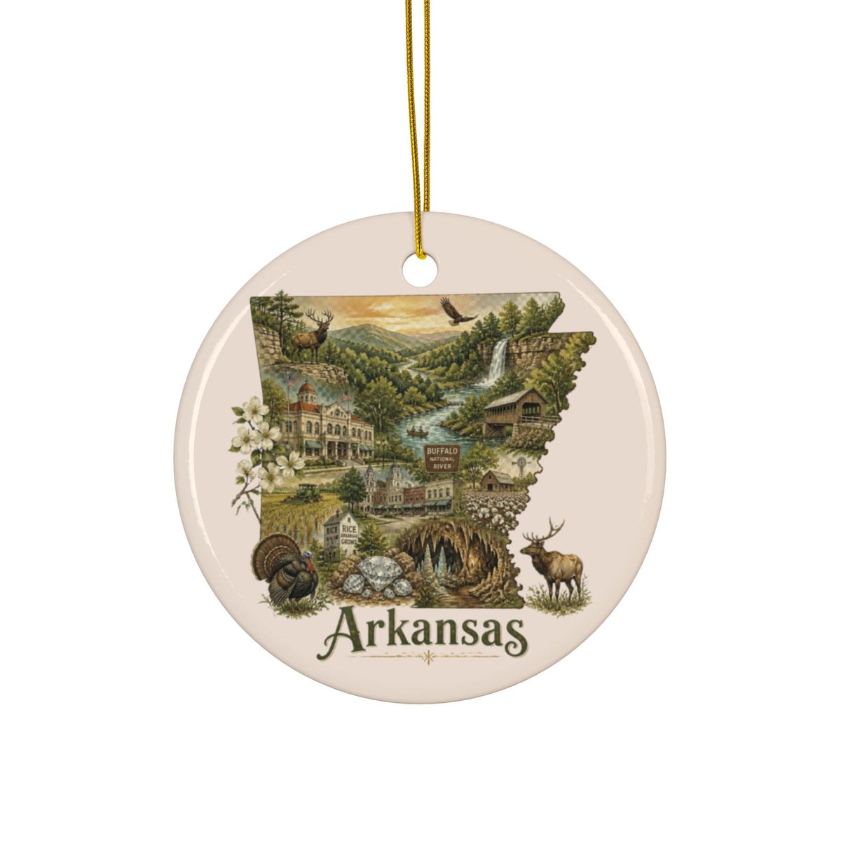 Arkansas State Map Collage Ceramic Ornament | Round Two-Sided Ornament - 2.99" Includes Gold String