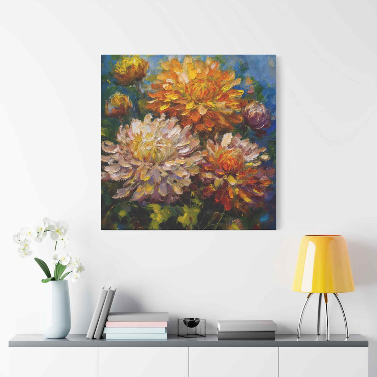 Chrysanthemums Print Canvas, Floral Oil Paint Print 20x20, 24x24, 30x30, 32x32, 36x36 Art Design Pine-Wood Inner Frame MC-156
