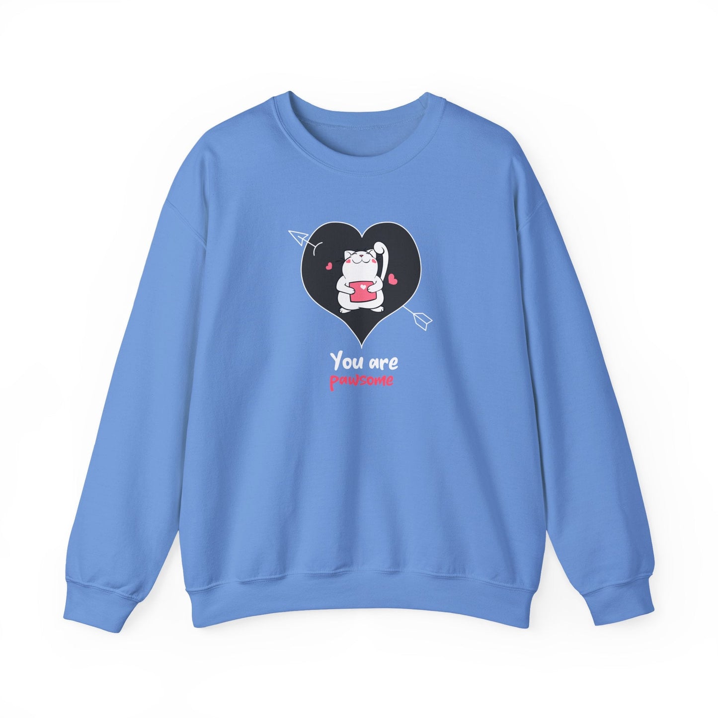 Cat Heart Sweatshirt Unisex Valentines Day Fifty Fifty Cotton Poly Crewneck Gildan 18000
