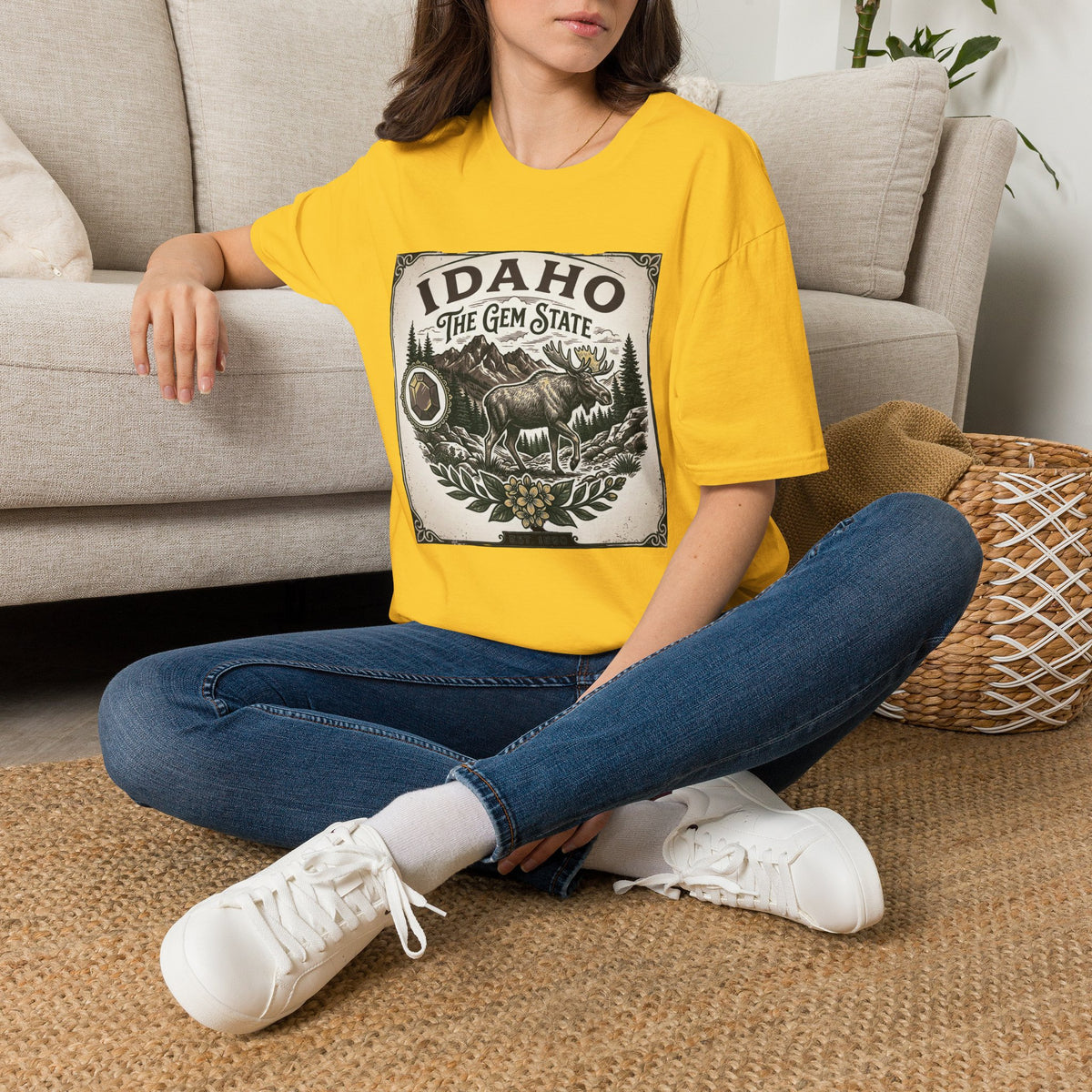 Idaho The Gem State Vintage Moose Travel Tourist Graphic Design Unisex 100 Cotton Gildan T-Shirt