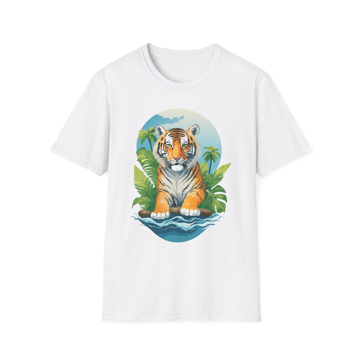 Tropical Tiger Illustration T-Shirt | Jungle Palm Sunset Tee