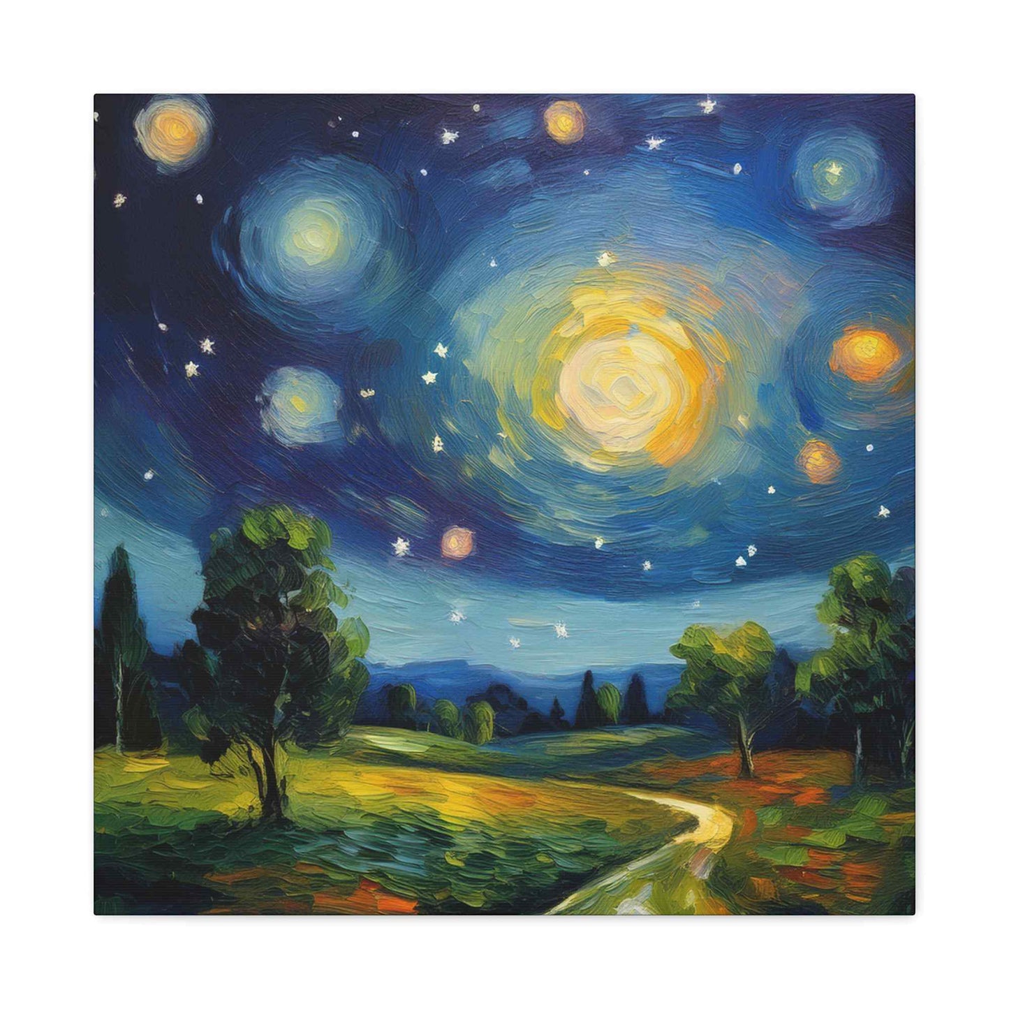 Starry Night Print Canvas, Oil Paint Print 20x20, 24x24, 30x30, 32x32, 36x36 Art Design Print Pine-Wood Inner Frame MC-40