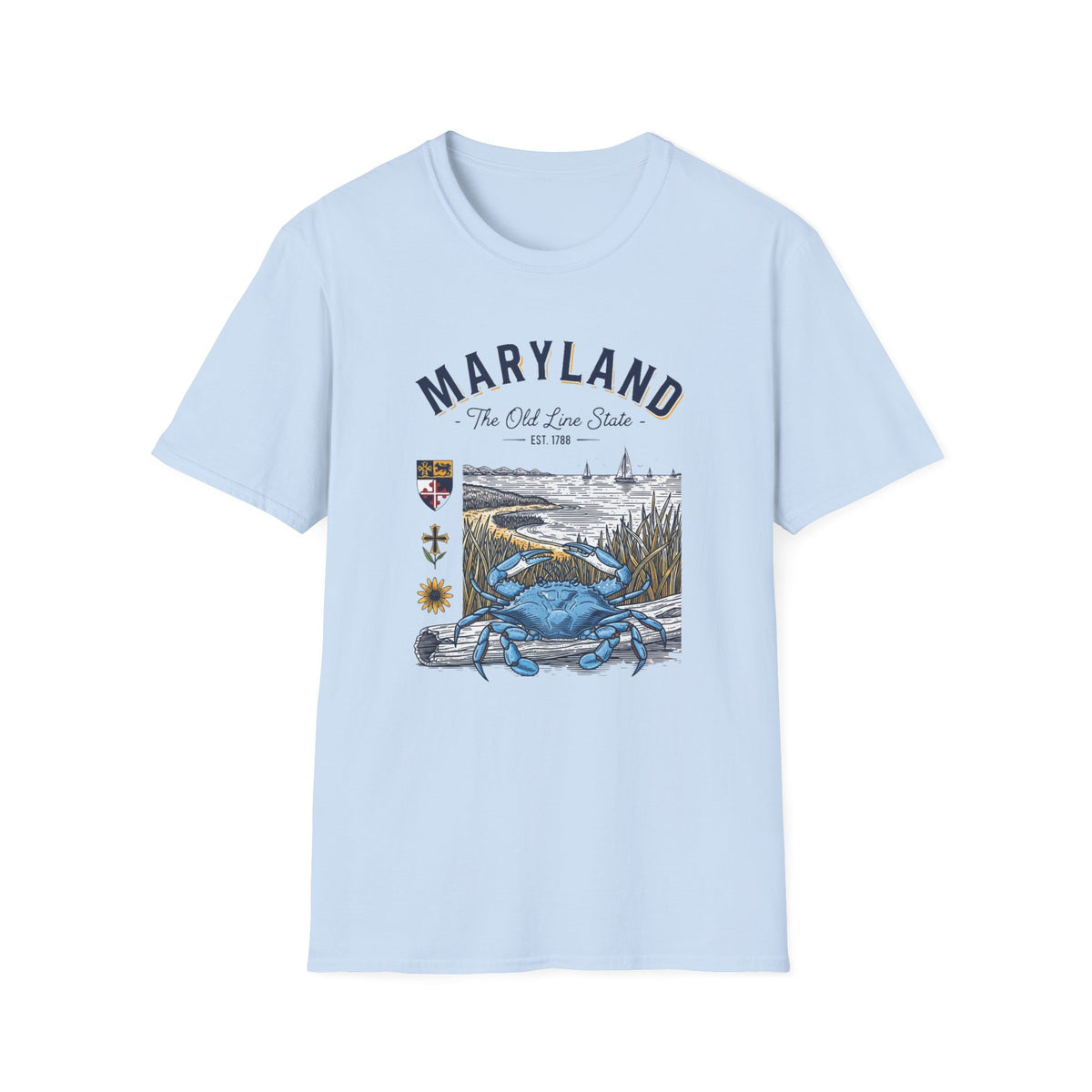Maryland Blue Crab Scenic T-Shirt — The Old Line State Coastal Design Travel Tourist Graphic Design Unisex 100 Cotton Gildan T-Shirt