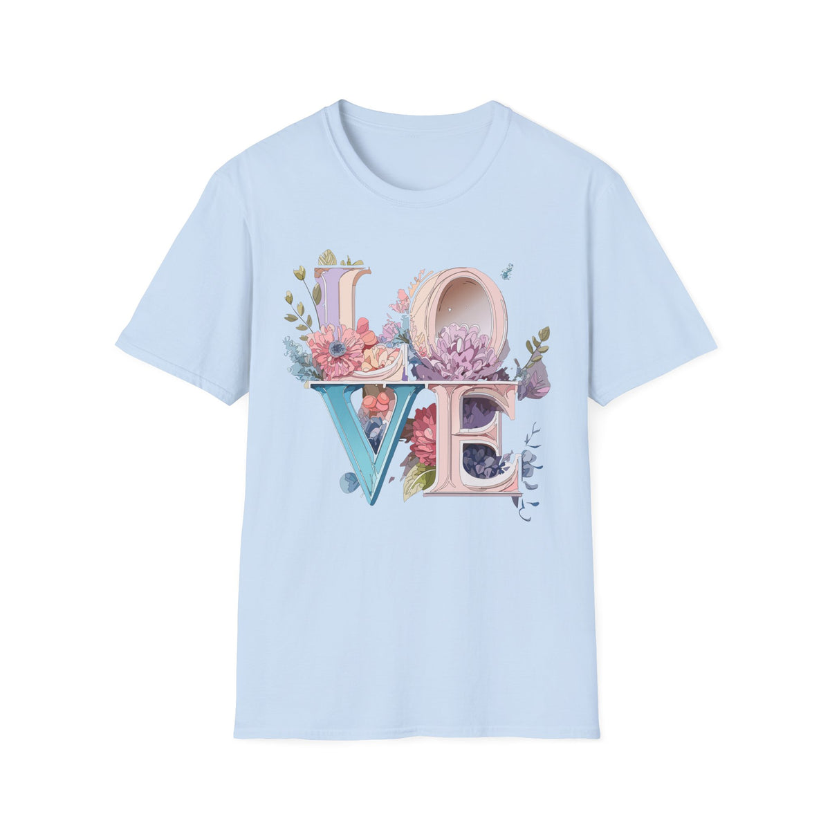 Floral LOVE Typography T-Shirt | Botanical Letter Art, Pastel Bloom Design