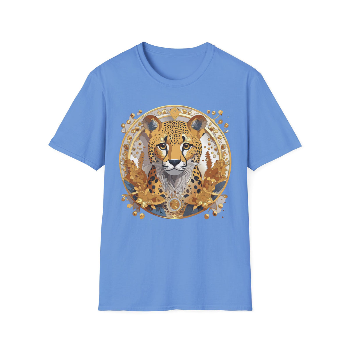 Golden Cheetah Face T-Shirt | Floral Accent, Boho Circle Design
