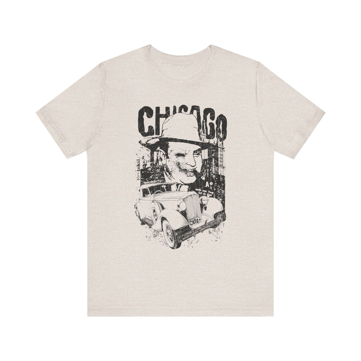 Chicago Retro Mobster Illustration Tee Vintage Car Cityscape Art Design Unisex Cotton T-Shirt A-8
