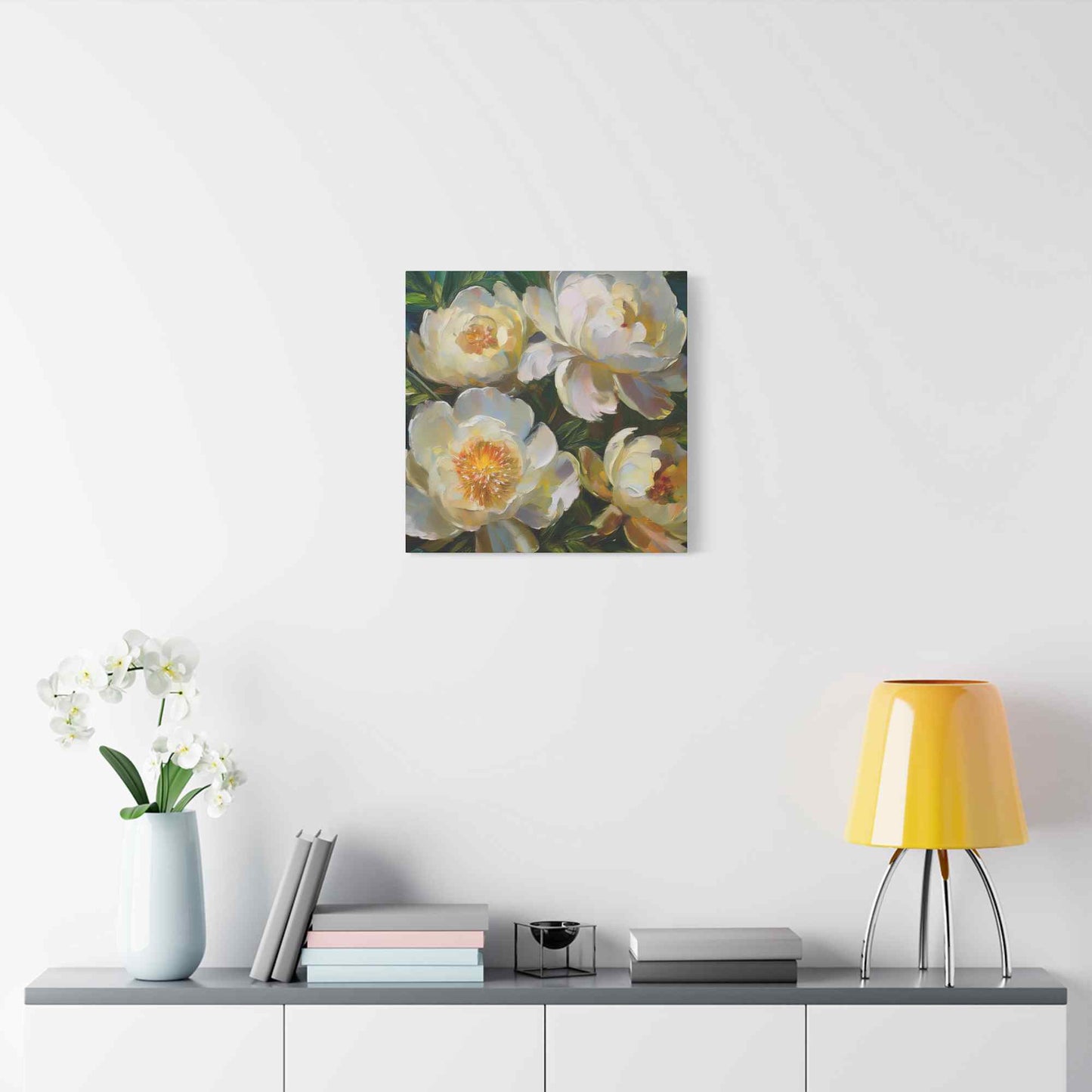 Cream Peonies Print Canvas, Floral Oil Paint Print 20x20, 24x24, 30x30, 32x32, 36x36 Art Design Pine-Wood Inner Frame MC-124