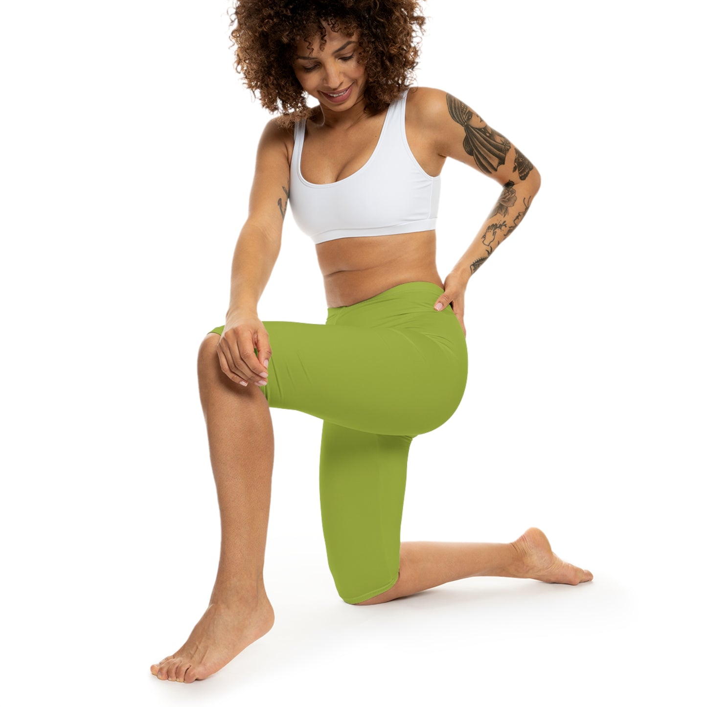 Lime Green Color Women's Brushed Suede Poly Span Casual Capri Leggings XS-2XL