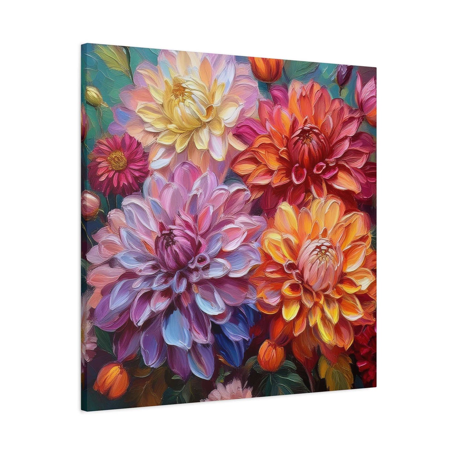 Dahlias Floral Print Canvas, Floral Oil Paint Print 20x20, 24x24, 30x30, 32x32, 36x36 Art Design Pine-Wood Inner Frame MC-167