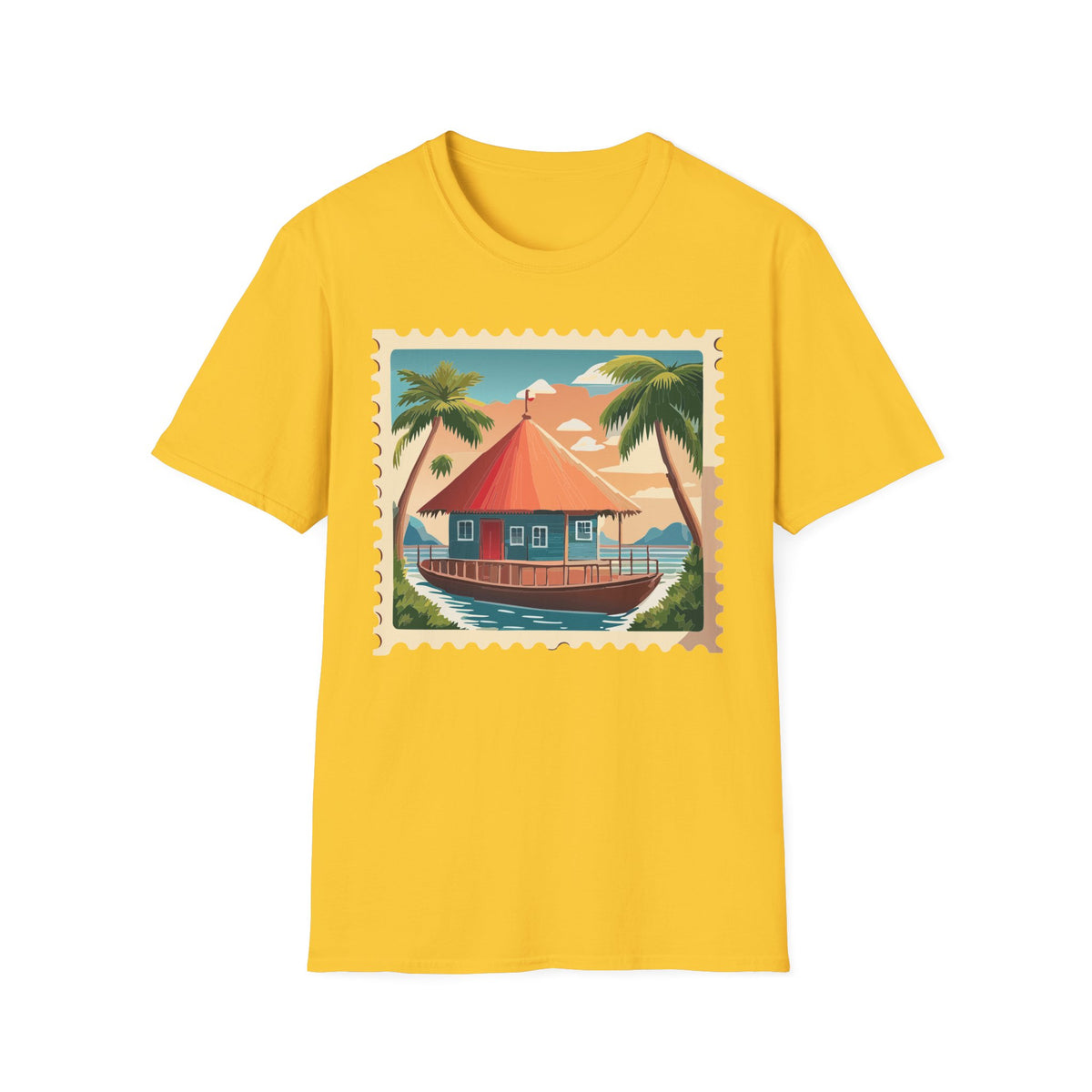 Tropical Beach Cottage T-Shirt | Palm Trees, Sunset Hut Graphic Tee Unisex 100 Cotton Gildan T-Shirt