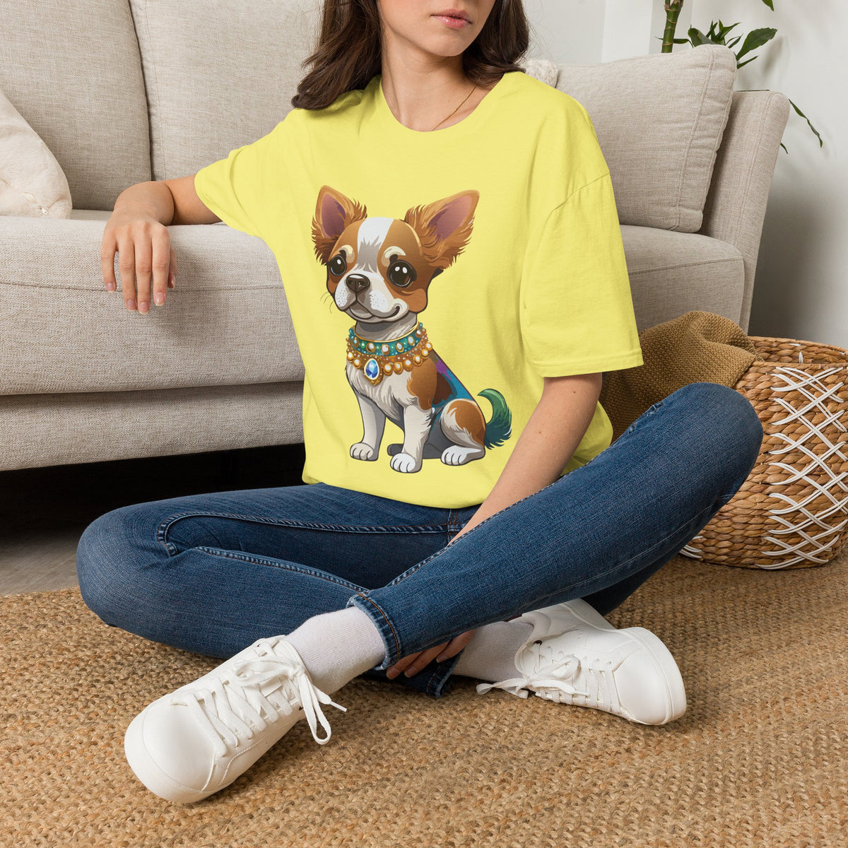 Chihuahua Pup Graphic T-Shirt — Cute Jewel-Collared Dog Graphic Design Unisex 100 Cotton Gildan T-Shirt