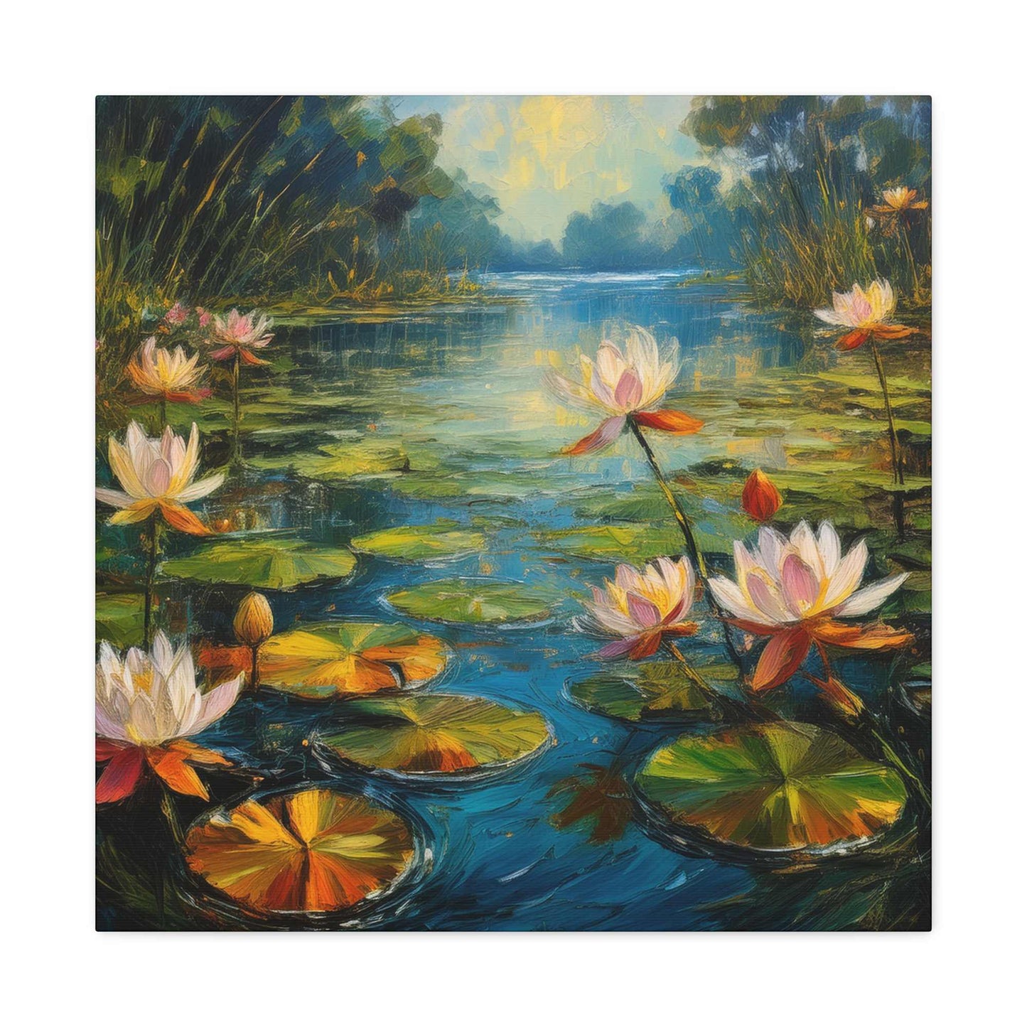 Water Lilies Print Canvas, Oil Paint Print 20x20, 24x24, 30x30, 32x32, 36x36 Art Design Print Pine-Wood Inner Frame MC-62