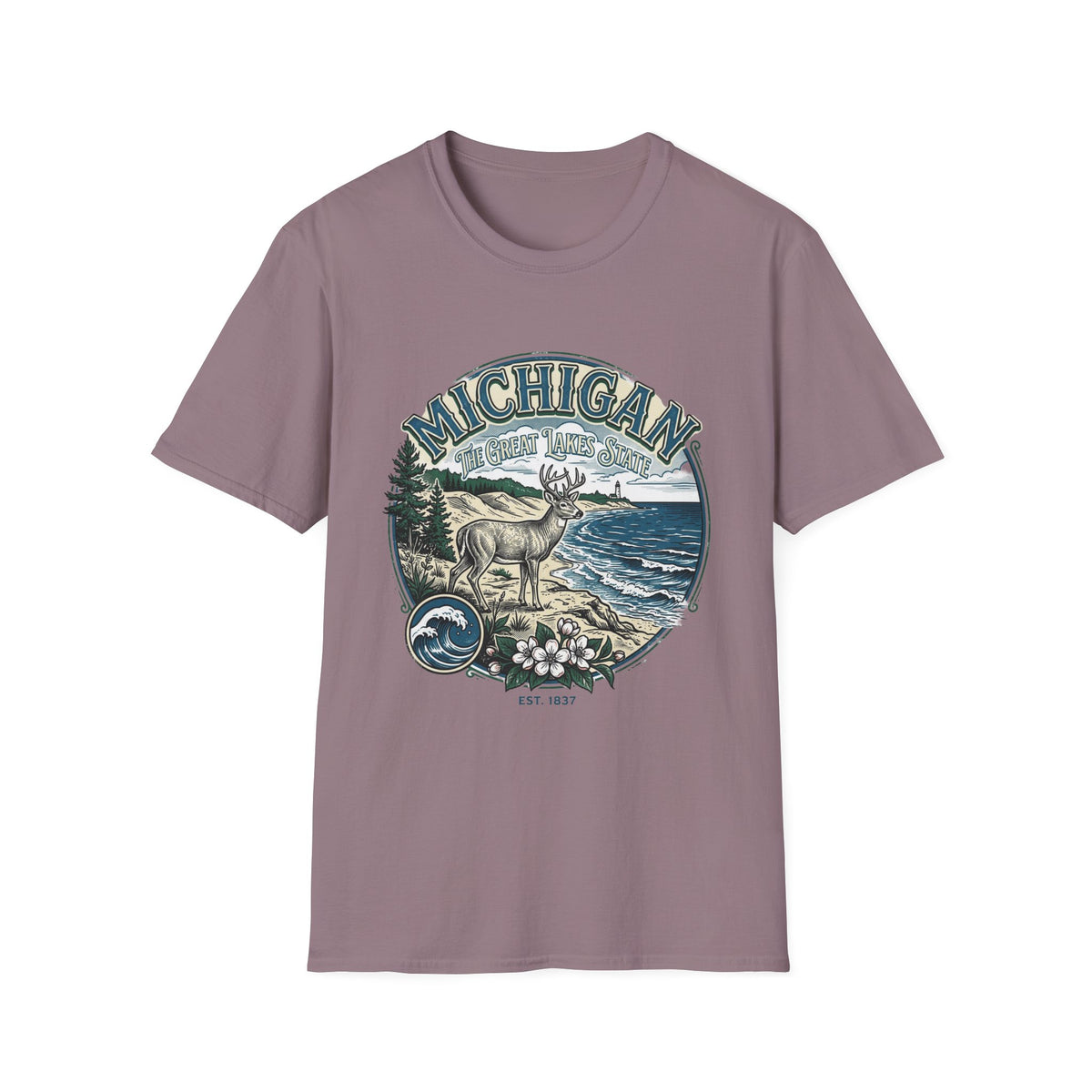 Michigan Deer Scenic T-Shirt — Vintage Great Lakes Travel Tourist Graphic Design Unisex 100 Cotton Gildan T-Shirt