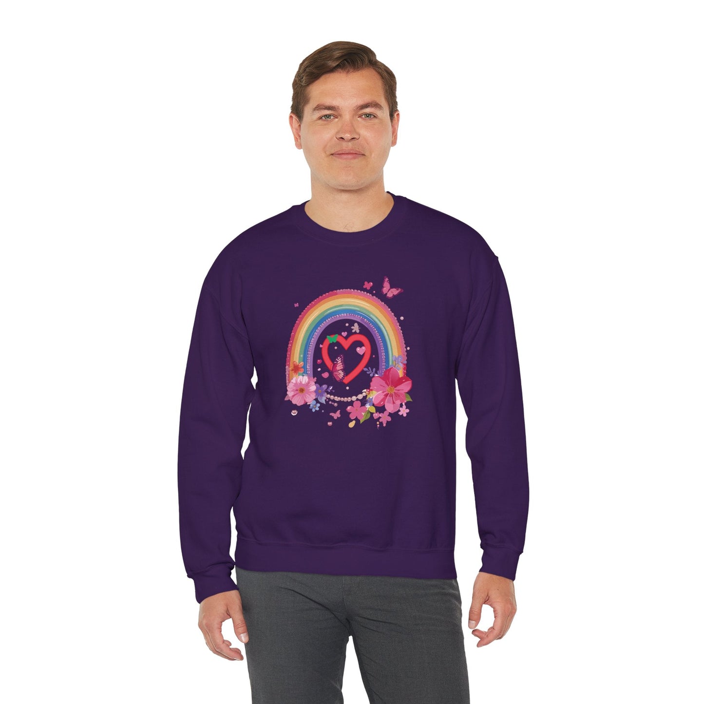 Rainbow Heart Floral Sweatshirt For Valentines Day Unisex Crewneck Gildan 18000 Premium