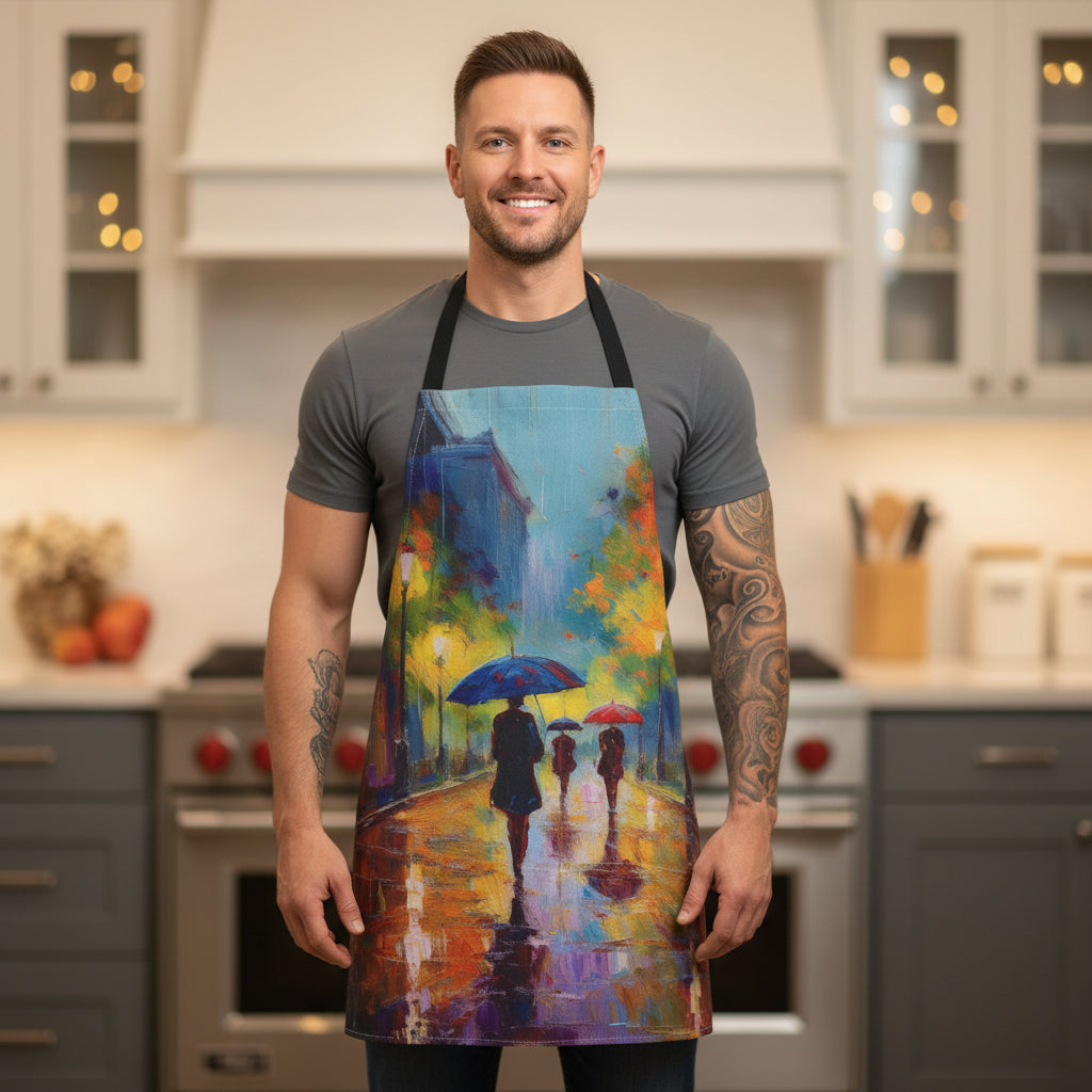 Painterly Rainy Street Apron — Colorful Umbrella Kitchen Apron Stain-Resistant - Art Print Canvas Apron