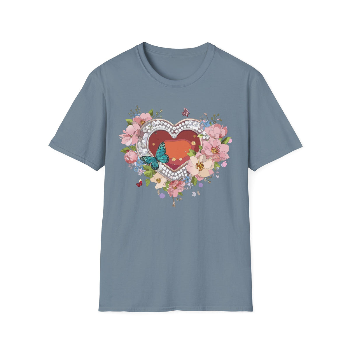 Heart with Floral Wreath and Butterfly T-Shirt | Romantic Floral Tee