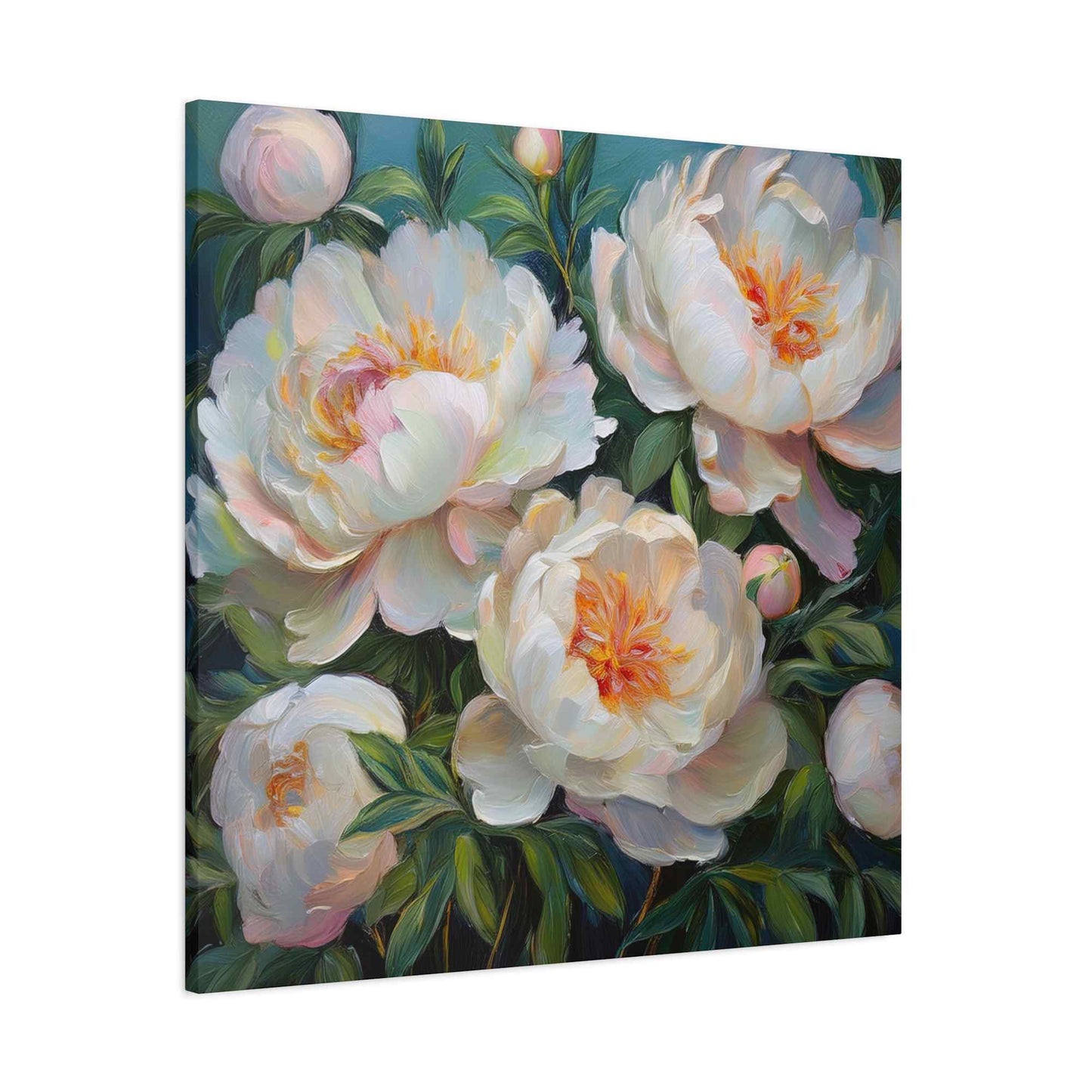 White Peonies Print Canvas, Floral Oil Paint Print 20x20, 24x24, 30x30, 32x32, 36x36 Art Design Pine-Wood Inner Frame MC-123