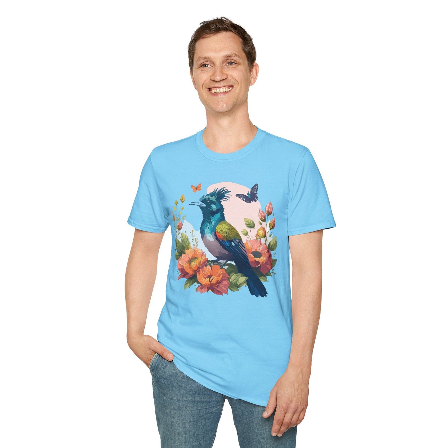 Floral Bird T Shirt Unisex Tee 100 Percent Ring Spun Cotton Softstyle Gildan 64000 Comfort Fit