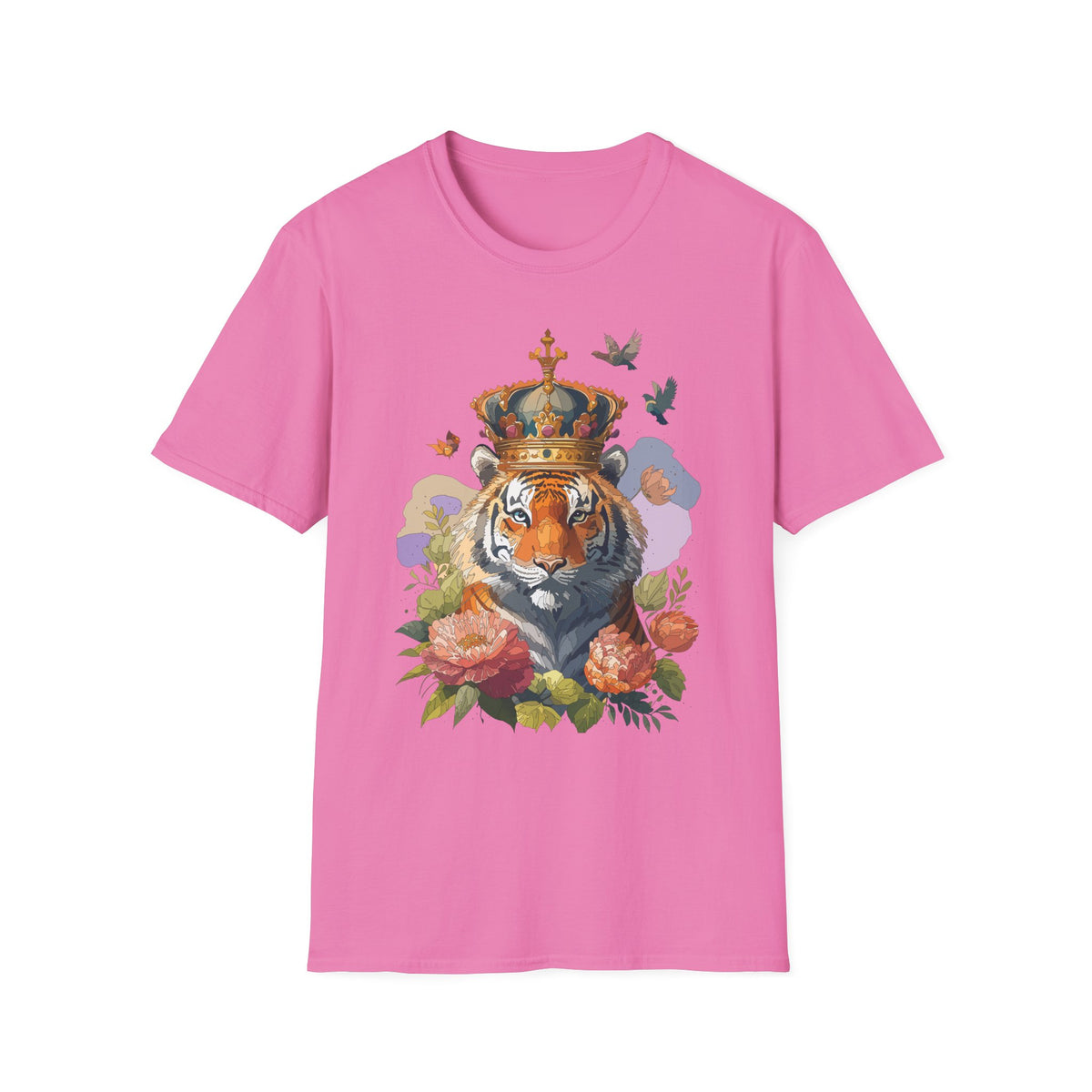 Crowned Tiger Illustration T-Shirt | Floral, Birds, Regal Wildlife Art - Unisex 100 Cotton Gildan 64000