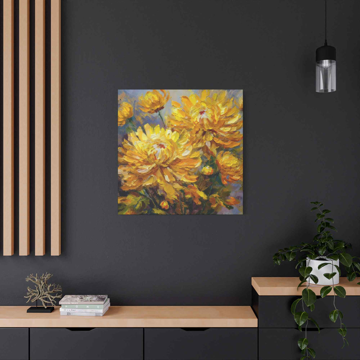 Chrysanthemums Print Canvas, Floral Oil Paint Print 20x20, 24x24, 30x30, 32x32, 36x36 Art Design Pine-Wood Inner Frame MC-164