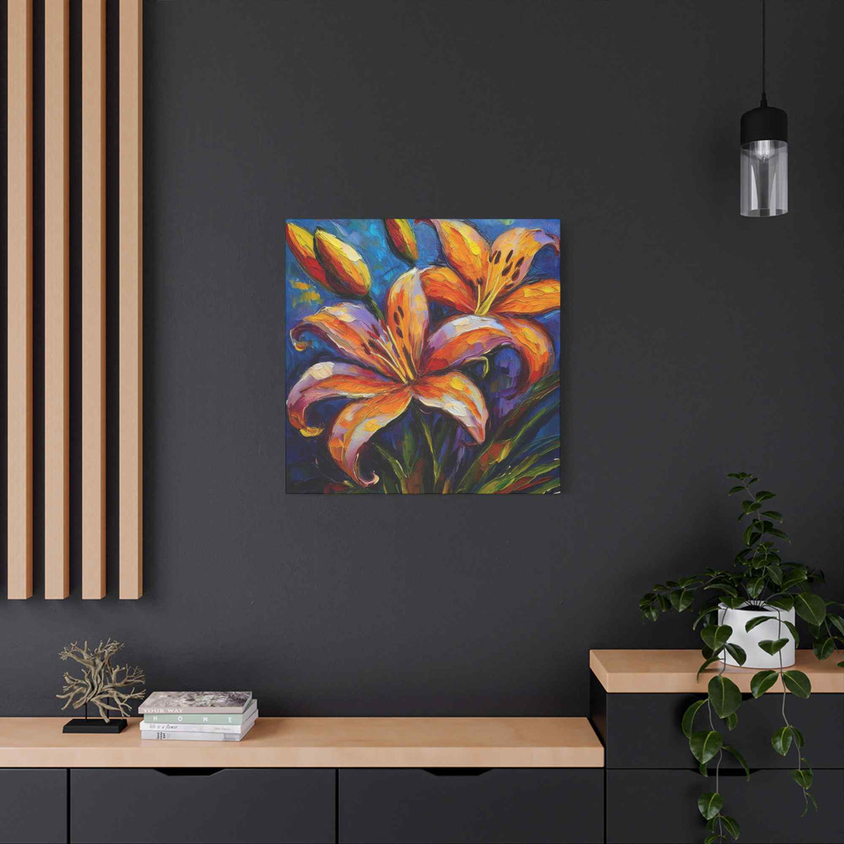 Gold Lilies Print Canvas, Floral Oil Paint Print 20x20, 24x24, 30x30, 32x32, 36x36 Art Design Pine-Wood Inner Frame MC-151