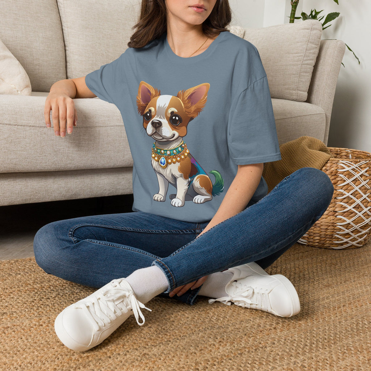 Chihuahua Pup Graphic T-Shirt — Cute Jewel-Collared Dog Graphic Design Unisex 100 Cotton Gildan T-Shirt