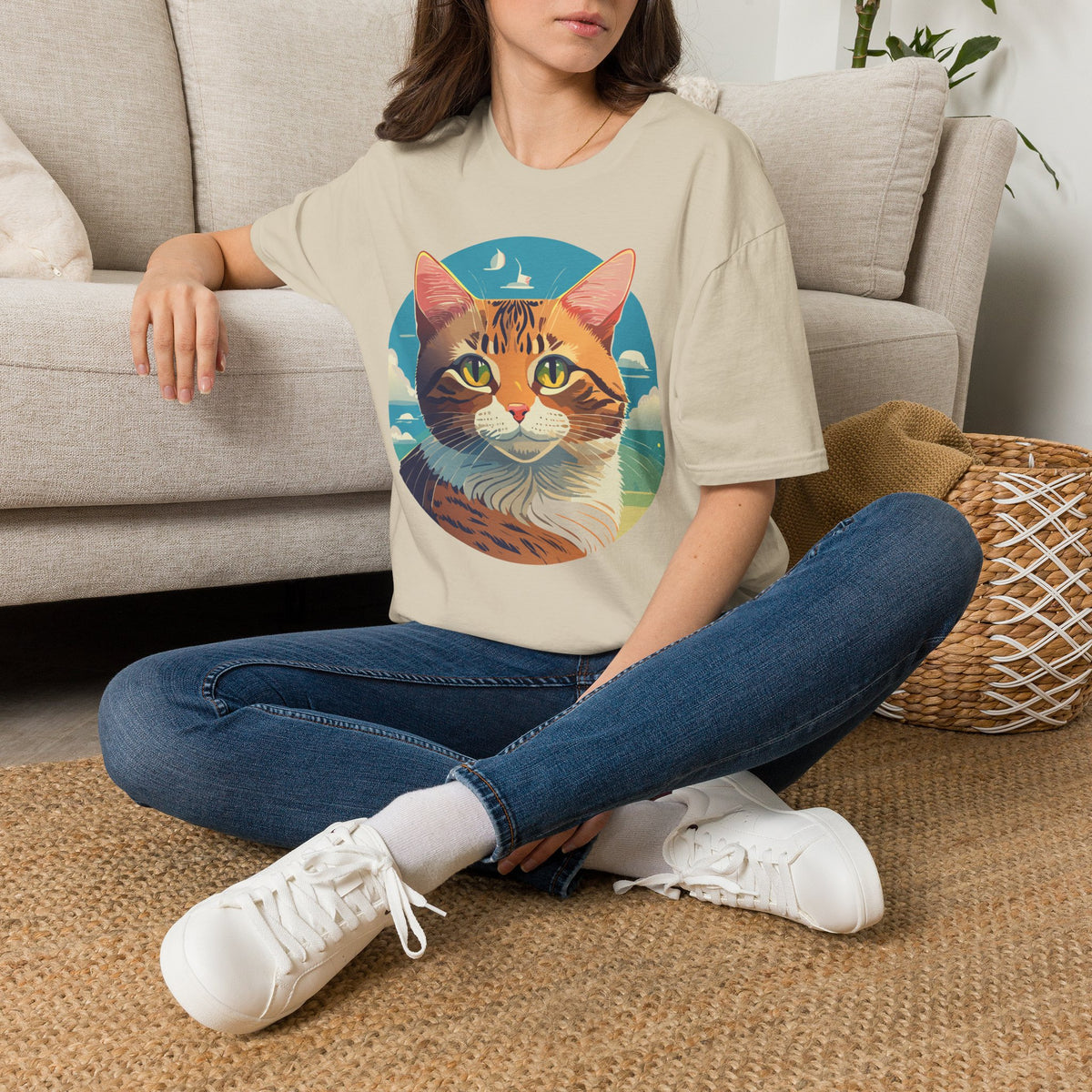 Sunset Tabby Cat T-Shirt | Cat Portrait Tee, Beach Sky Illustration