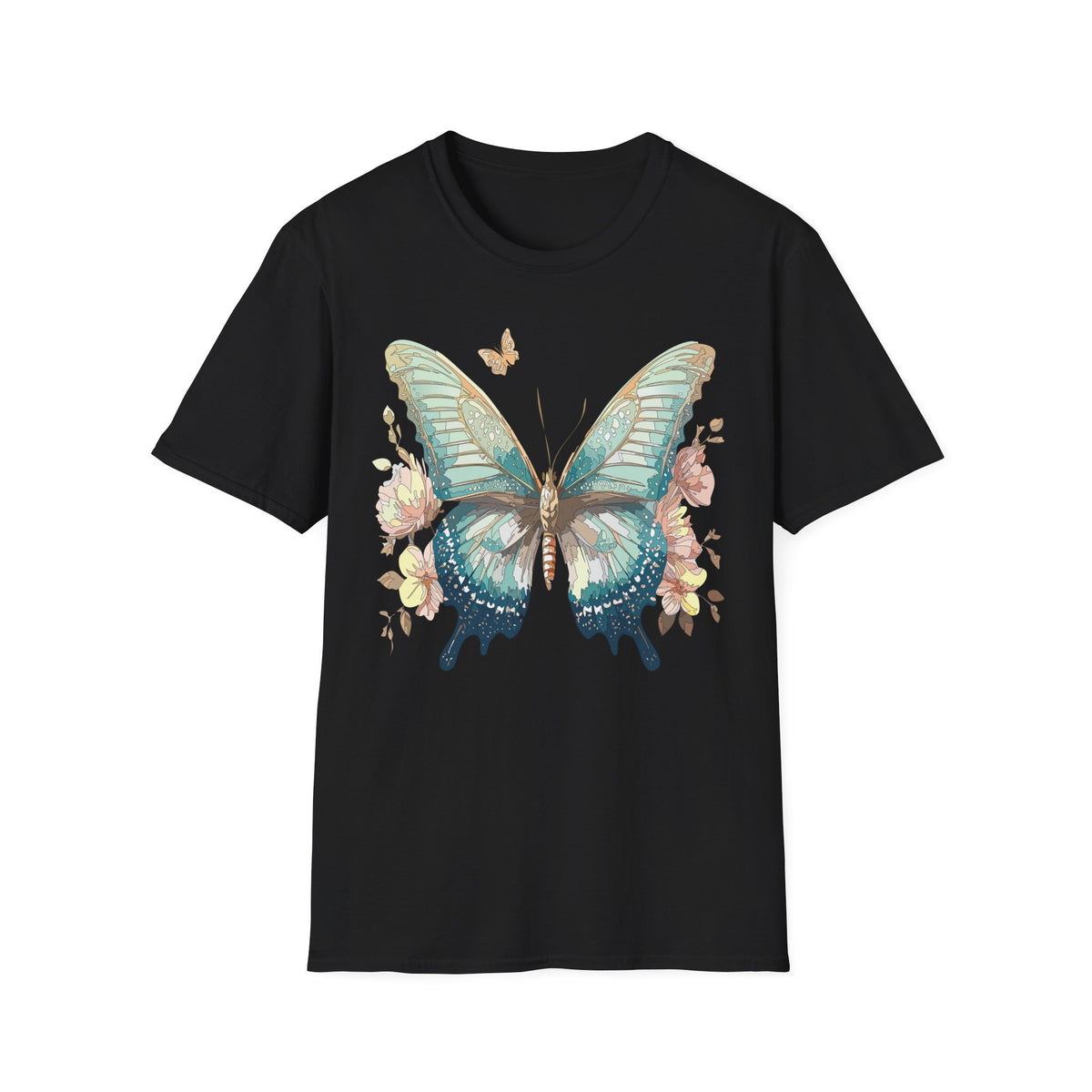 Teal Watercolor Butterfly T-Shirt | Floral Accent, Boho Nature Graphic Tee Unisex 100 Cotton Gildan T-Shirt