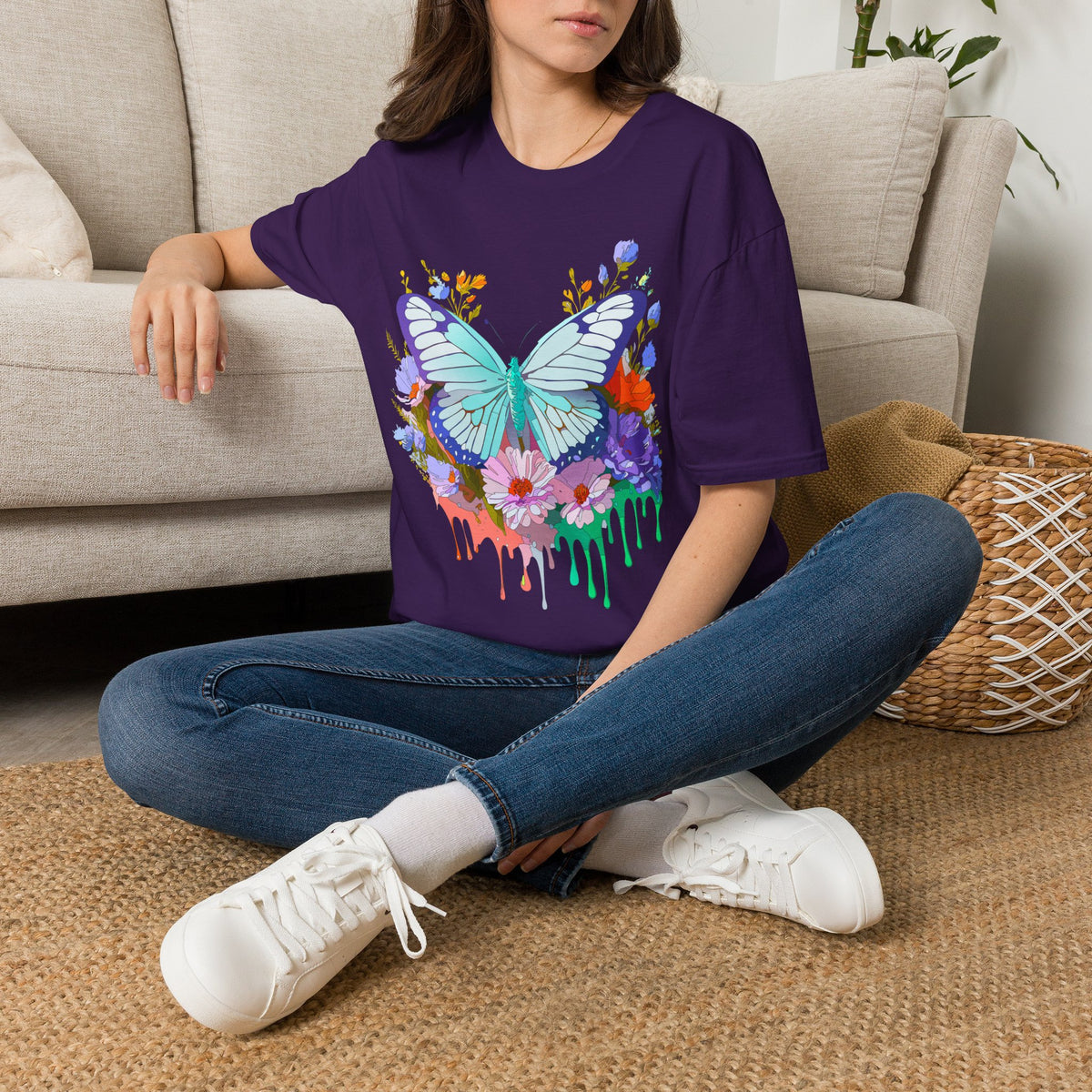 Butterfly Floral Drip T-Shirt — Teal Butterfly with Watercolor Flowers Graphic Tee Unisex 100 Cotton Gildan T-Shirt