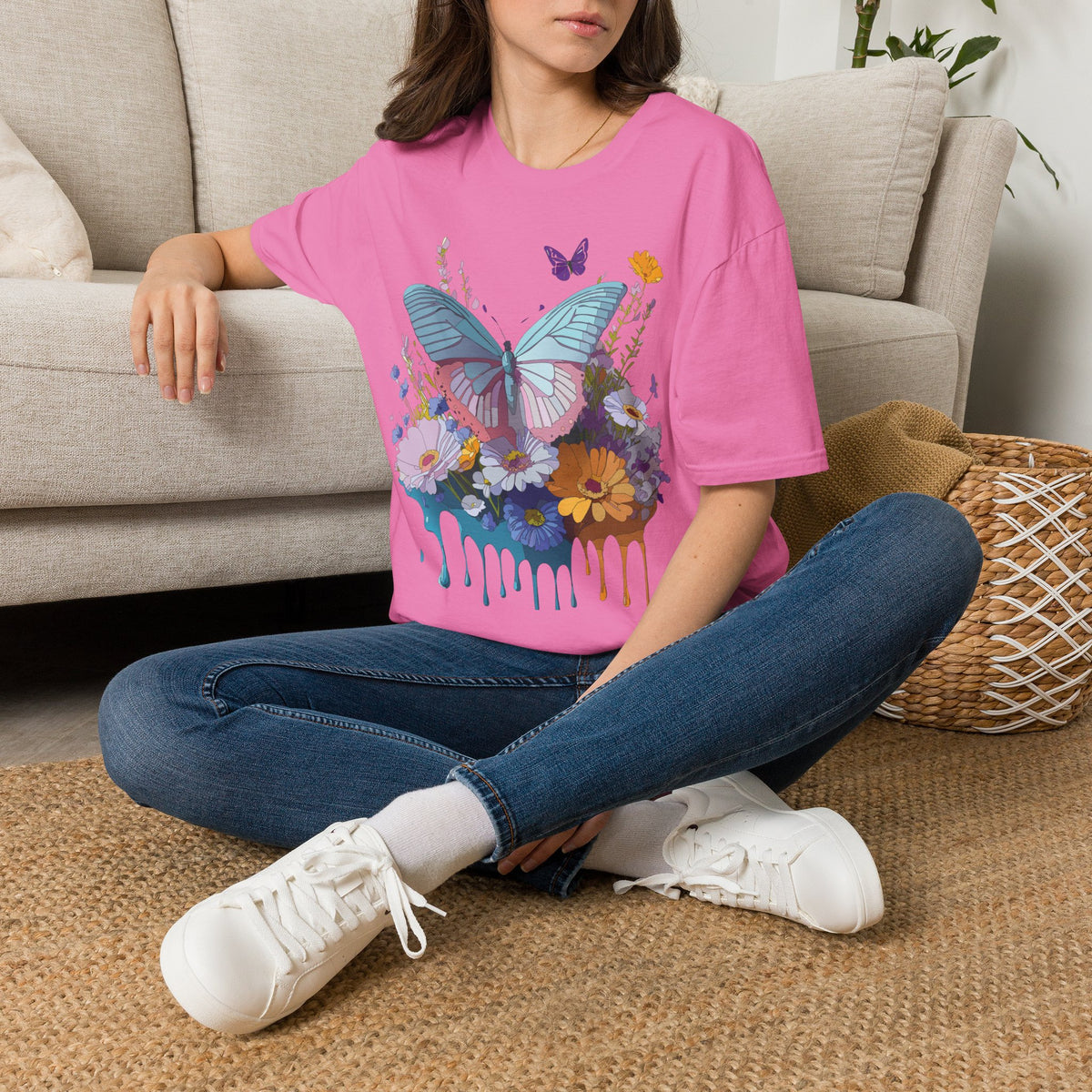 Butterfly Floral T-Shirt – Colorful Nature Garden Graphic Design Unisex 100 Cotton Gildan T-Shirt