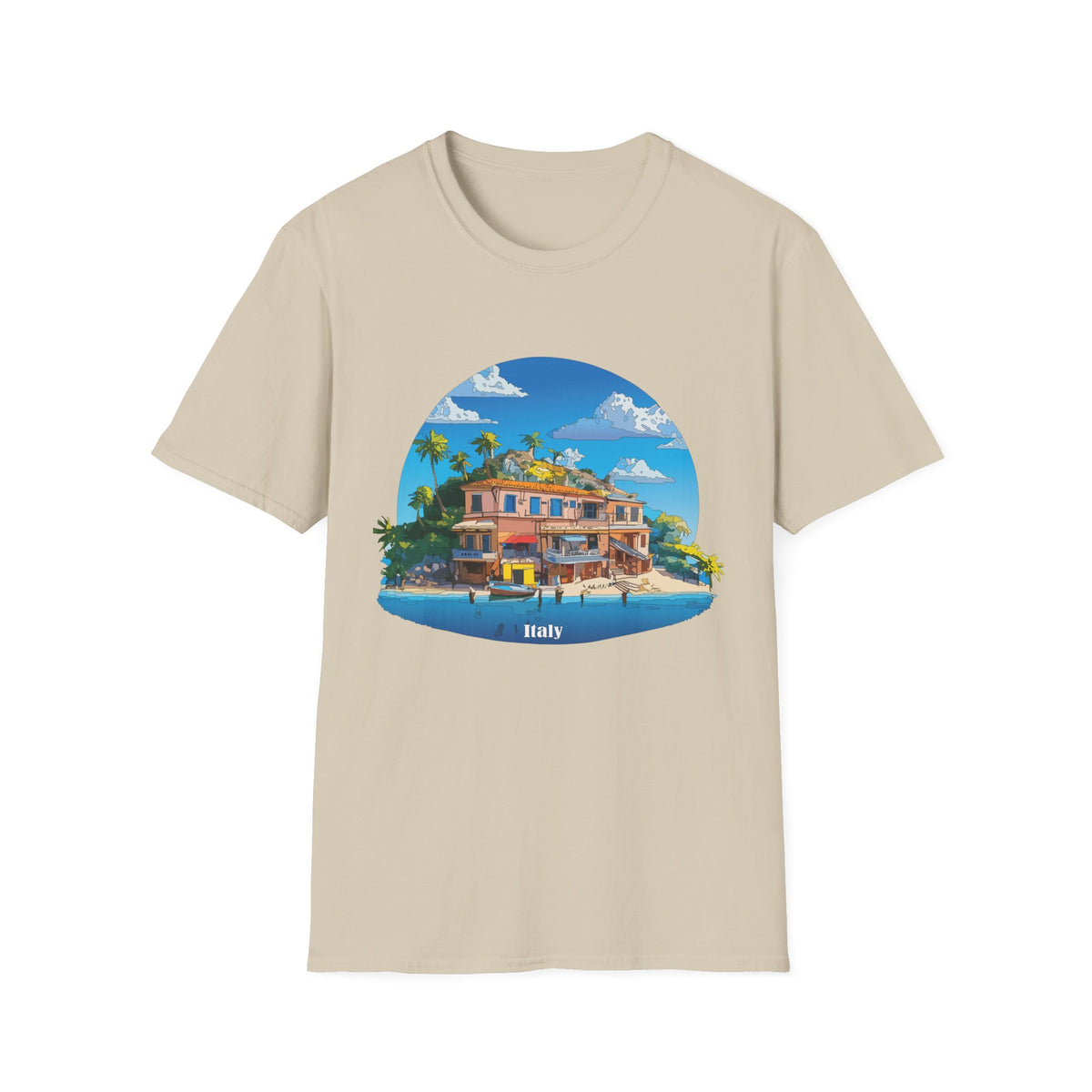 Italy Tropical Beach House Palm Trees T-Shirt | Seaside Villa Illustration