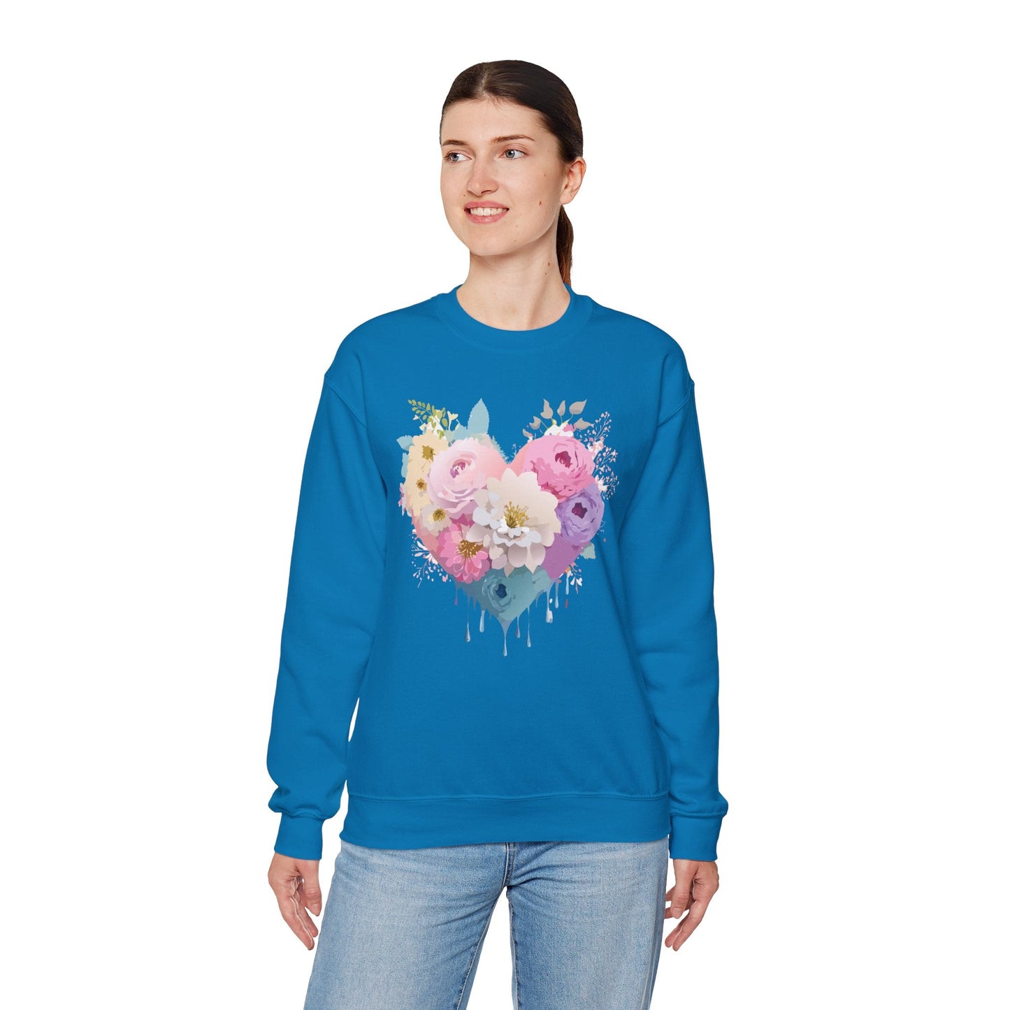 Floral Heart Unisex Crewneck Sweatshirt With Floral Love Valentines Day Design Premium Heavy Blend