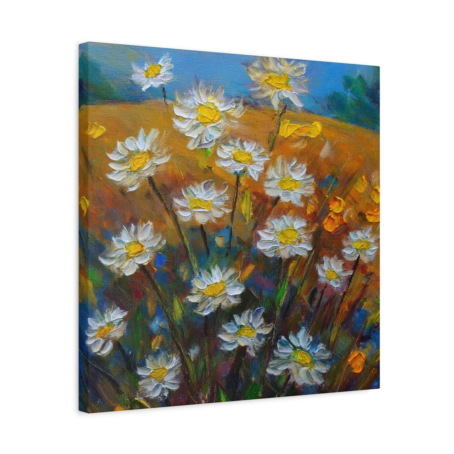 White Daisies Print Canvas, Floral Oil Paint Print 20x20, 24x24, 30x30, 32x32, 36x36 Art Design Pine-Wood Inner Frame MC-126