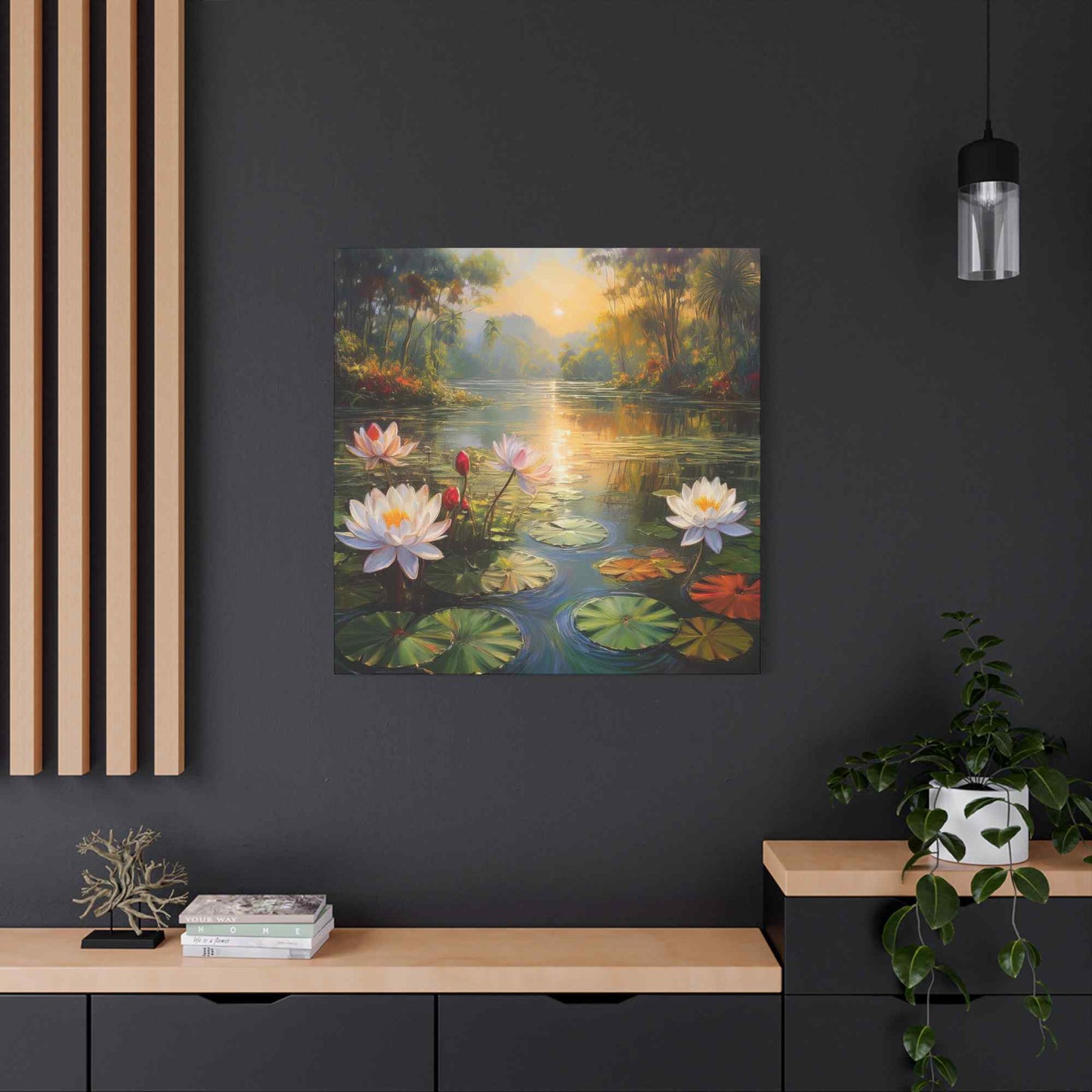 Water Lilies Print Canvas, Oil Paint Print 20x20, 24x24, 30x30, 32x32, 36x36 Floral Art Print Pine-Wood Inner Frame MC-65