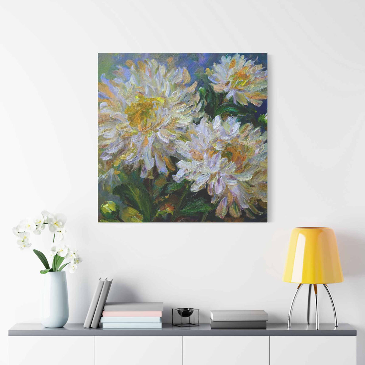 Chrysanthemums Print Canvas, Floral Oil Paint Print 20x20, 24x24, 30x30, 32x32, 36x36 Art Design Pine-Wood Inner Frame MC-160