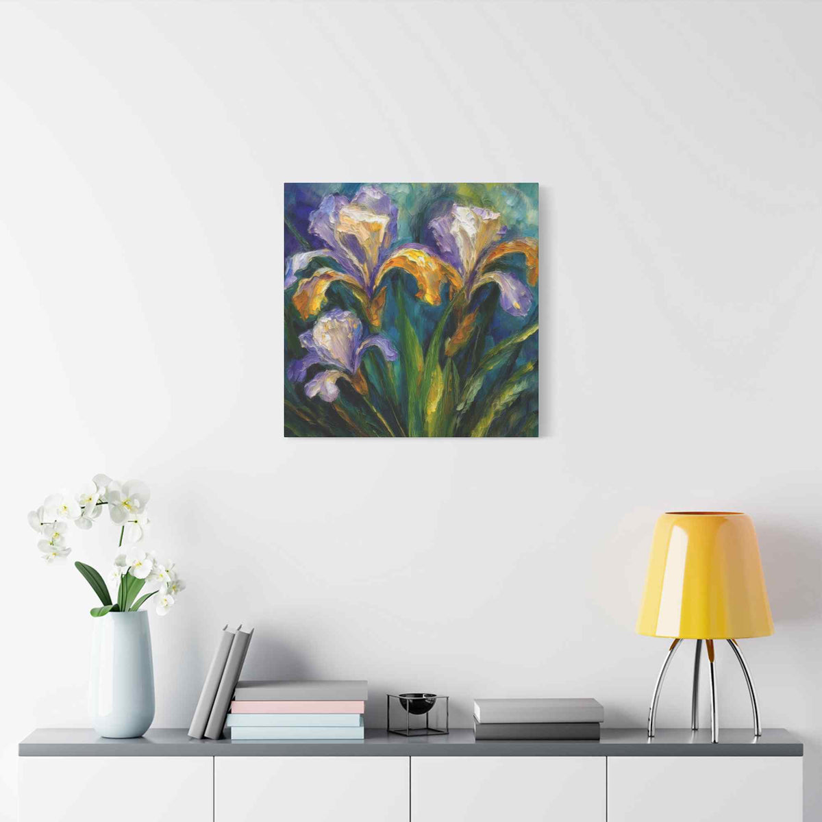 Irises Floral Print Canvas, Floral Oil Paint Print 20x20, 24x24, 30x30, 32x32, 36x36 Art Design Pine-Wood Inner Frame MC-183