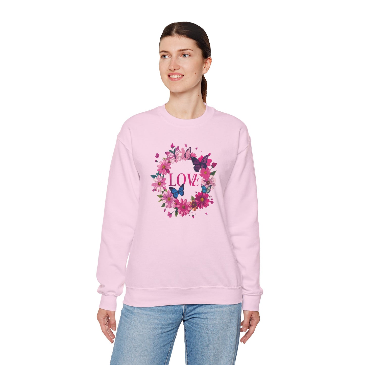 Unisex Floral Love Sweatshirt, Love Floral Sweatshirt, Floral Butterfly Sweatshirt, 50/50 Cotton-Poly Valentine's Day Sweatshirt 04