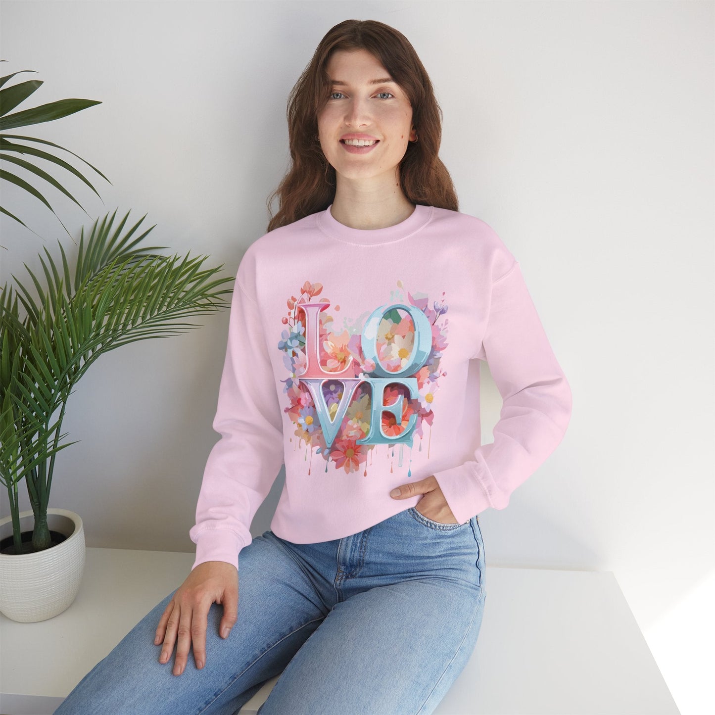 Floral Love Sweatshirt Unisex Valentines Day Crewneck Gildan 18000 50 Cotton 50 Polyester