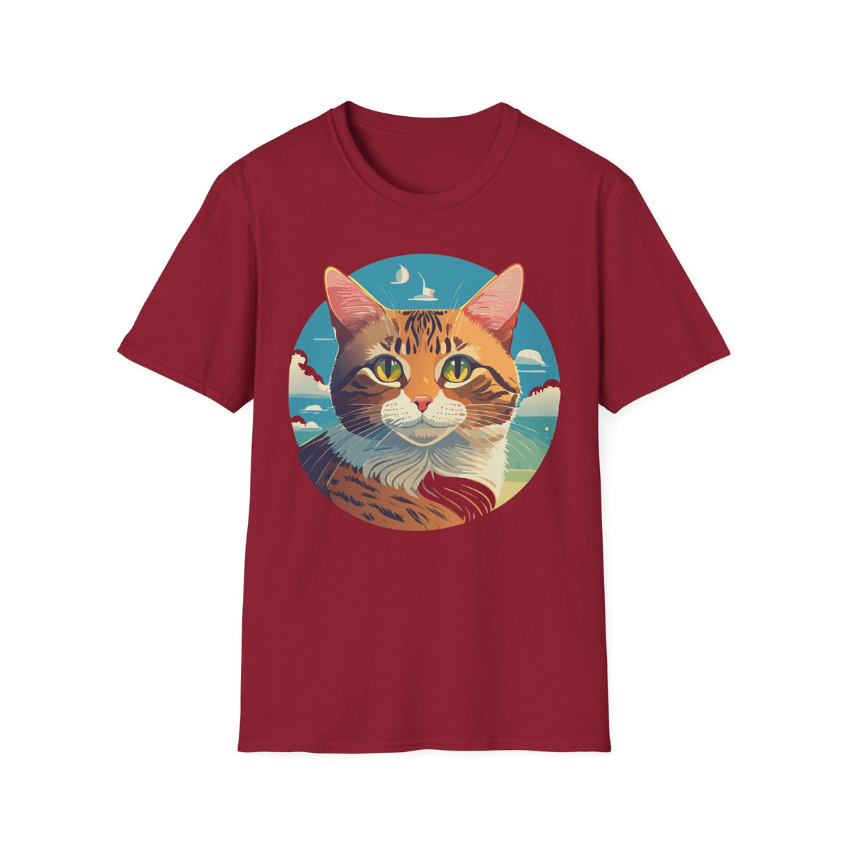 Sunset Tabby Cat T-Shirt | Cat Portrait Tee, Beach Sky Illustration