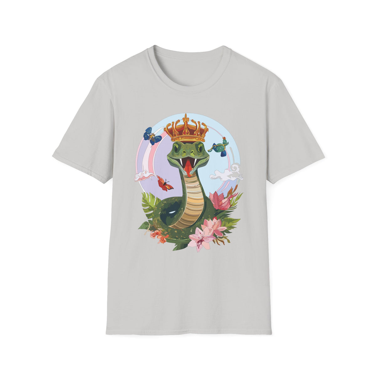 Crowned Snake Illustration T-Shirt | Regal Snake with Crown and Butterflies