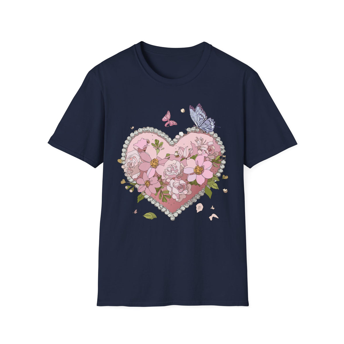 Floral Heart with Butterflies T-Shirt | Pink Flower Heart Graphic Tee Unisex 100 Cotton Gildan T-Shirt