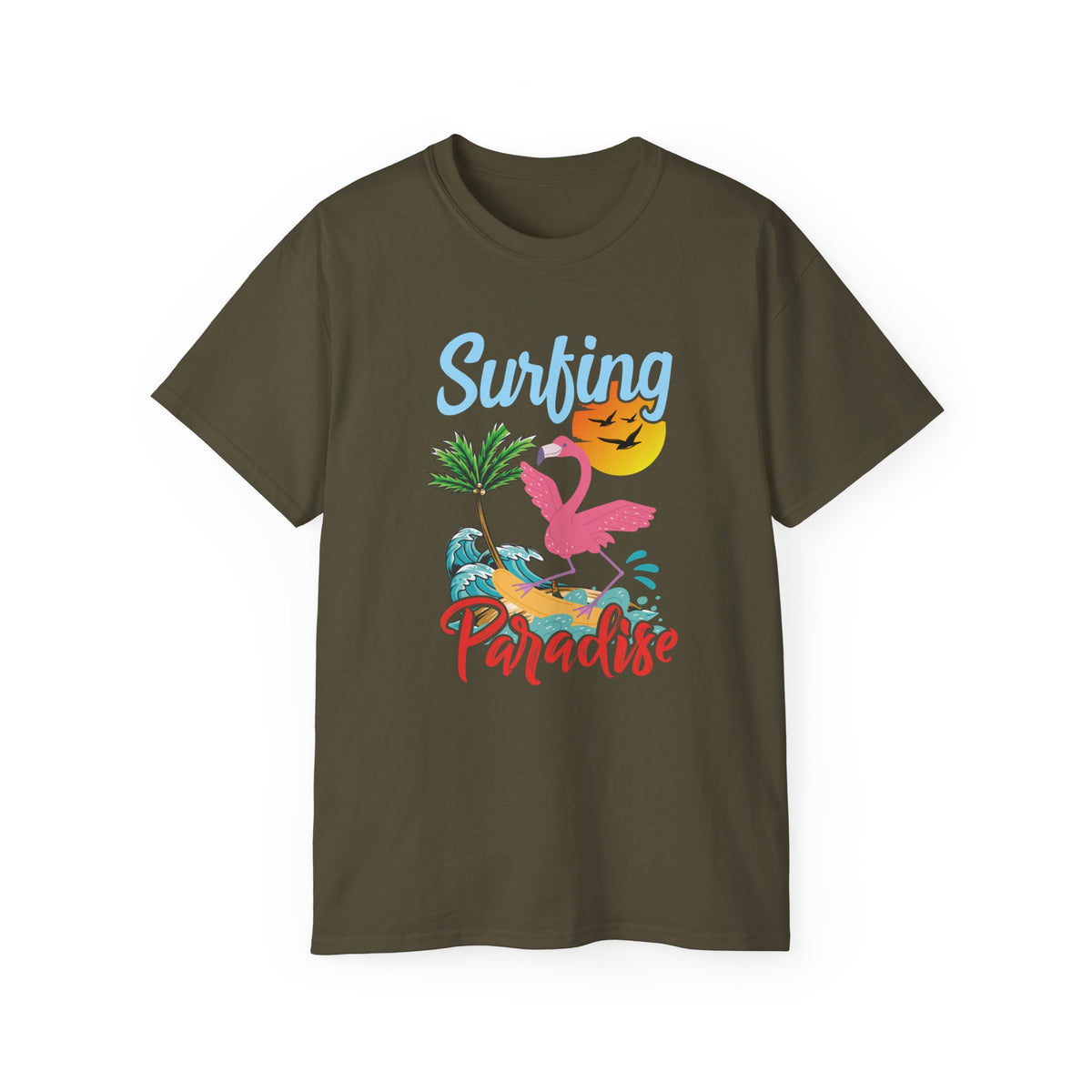 Surfing Paradise Flamingo Tee | Tropical Palm Sunset Surfboard