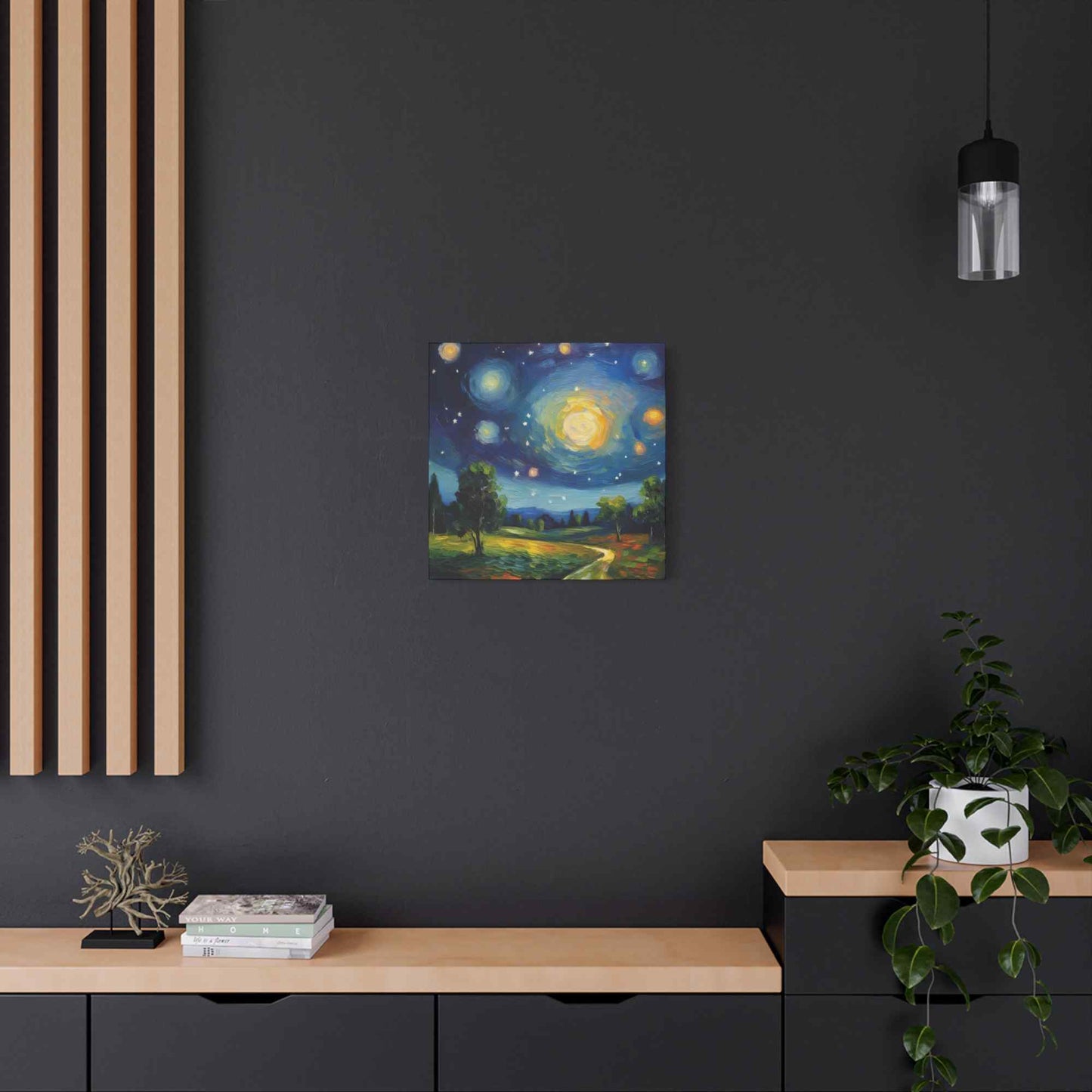 Starry Night Print Canvas, Oil Paint Print 20x20, 24x24, 30x30, 32x32, 36x36 Art Design Print Pine-Wood Inner Frame MC-40